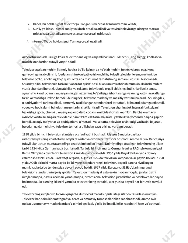 boʻldi, ijtimoiy ong bilan ijtimoiy borliq oʻrtasida eng kiska va qulay yoʻl barpo etildi, i neon ongiga va histuygʻusiga taʼsir etishning ishonchli vositasi vujudga keldi. televideniye garchi soʻzni bosma ravishda koʻpaytirmasdan ijtimoiy hayotni ovoz va tasvir vositasida aks ettirsada, u matbuotning , ommaviy axborot vositalarining bir turi hisoblanadi va uning krnunkridalari asosida ish koʻradi. televideniye matbuotning ijtimoiy informatsiya yigish va tarqatish vazifasining 3 qirrasi boʻlmish tasvir, tahlil va taʼsir funksiyalarini toʻla bajaradi, yaʼni u hayotdagi voqea va hodisalarni tasvirlaydi, ularni taxlil qiladi, hayotga oʻz taʼsirini koʻrsatadi. matbuotning umuminsoniylik, xalqchillik, milliylik, haqqoniylik va boshqa tamoyillari ham televideniye faoliyati uchun bosh qonun hisoblanadi. matbuotning ijodiy anʼanalariga amal qilish va yangi omillar yaratish, jamoatchilik fikrini ifodalash va boshqa qonuniyatlari ham televideniye uchun bevosita taalluqlidir. matbuot materiallarining oʻzagini tashkil etuvchi publitsistika ham televideniye faoliyatida keng qoʻllanadi va uning oʻziga xos xususiyatlari bilan birlashgan holda telepublitsistikani tashkil etadi. t.da publitsistikaning har 3 — informatsion, taxdiliy …