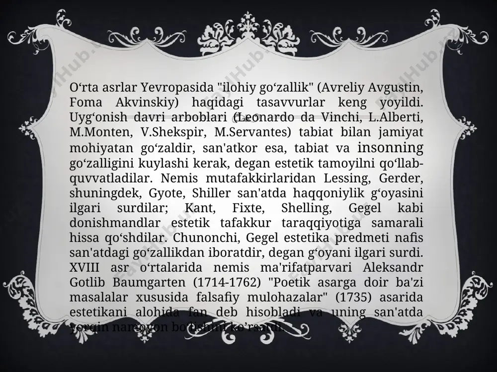 ustiga quriladi, lekin u bilan qo‘shilib ketmaydi. badiiy va estetik did o‘rtasidagi tafovug ularning turlicha idrok etish ob'yektlariga ega bo‘lishi bilan bog‘liqdir. ikki did o‘rtasidagi farqni hisobga olish bilan birga, ularni bir-biriga qarama-qarshi qo‘ymaslik lozim. badiiy did hamma vaqt estetik didga asoslanadi, undan kelib chiqadi. estetik ong - olamni estetik anglash, dunyoga inson munosabatining sub’yektiv tomoni. u ijtimoiy ong shakllaridan biri sifatida axloqiy ong, siyosiy ong, huquqiy ong, diniy ong, falsafiy ong kabi ijtimoiy hodisalar bilan bir qatorda turadi. estetik ong ma'naviy-ruhiy voqyea-hodisalar majmui bo‘lib, ular ijtimoiy hayot zaminida vujudga keladigan estetik his, estetik did, fikr, orzu-qarash nazariy tizimini anglatadi. estetik ong axloqiy ong bilan barobar tarzda, ijtimoiy ongning boshqa shakllaridan oldinroq vujudga kelgan. dastlabki paytlarda estetik his-tuig‘u, kechinmalar olamlarning bevosita moddiy va ma'naviy faoliyatiga chirmashib ketgan bo‘lib, tabiatni ijtimoiy taraqqiyyotning bu pallasida estetik his-tuyg‘u, kechinma va mulohazalar vujudga kelishi hamda rivojlanishi moddiy asoslar bilan chambarchas bog‘lanib ketganida yaqqol ko‘zga …