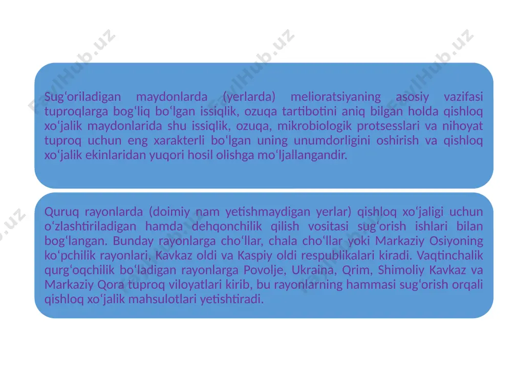 ri qurish hisobiga yoki kanallar orqali qishloq xo‘jalik suvlarini ishlanishi. bu usul suv yetishmaydigan yerlarda kichik-kichik maydonlarni sug‘orishda qo‘llaniladi. tuproqlarni namlash yoki o‘simliklarni sug‘oriladigan maydonlarda suv bilan qondirish quyidagi yo‘llar bilan bajariladi: 1. tuproq yuzasida suvning taqsimlanishi bilan (bu usulning ustunlik qiladigan xossasi). 2. tomchilatib sug‘orish. bunda maxsus sug‘orish mashinalari yordamida suv yomg‘irga aylantirilib sepiladi, tuproq yuza qismi hamda o‘simlik bug‘ suv tomchilari bilan namlanadi. 3. tuproq ostidan sug‘orish – bu usul maxsus quvurlar yordamida tuproqning ostki qismiga yotqizilib, kapillyar ko‘tarilishi orqali o‘simliklarning ildizlari namlanadi. yuqoridagi sug‘orish turlaridan tashqari yana maxsus sug‘orish usuli mavjud, bu: o‘g‘itli sug‘orish bo‘lib, bu usulda o‘simliklar suvda erigan ozuqa moddalar bilan ham oziqlanadi, ya’ni loyqali suv berish turiga ham kiradi. bu turdagi sug‘orish ko‘pincha shaharlar chetida joylashgan zonalarni oqava suvlaridan foydalanish vaqtida ham qo‘llaniladi. 4. zararkunanda va har xil kasalliklarga qarshi kurashgan holda sug‘orish, ya’ni dezinfektsiyalab sug‘orish ham deyiladi. bu usulda tuproqdagi zararkunandalarni yo‘q qilish …