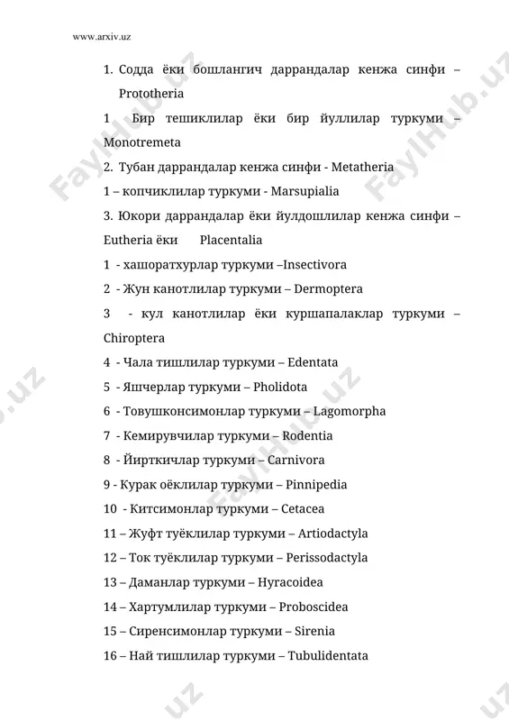 гиз бушлигини тулдиради. янги тугилган боланинг лаблари эмчак атрофига ёпишган булади. эмчакдаги сут безларининг махсус кисувчи мускули кискариш натижасида буларнинг огзига сут тушади. кенгуру боласининг хикилдоги юкори урнашган ва хаоналарга ёпишган, бу эса унинг пассив овкатланишига мосланишидир, шунинг учун сут хикилдокнинг ён томонидан окиб утади ва боланинг эркин нафас олишига халакит бермайди. лактация (болани сут билан бокиш) даври 60 кундан 250 кунгача давом этади. скелетида копчик суяги булиб, ков суягига тегиб туради, коракоид курак суяги билан кушилиб кетади, кини ва бачадони кушалок, чунки эркакларини пениси иккига ажралган булади. мияси жуда содда, унда кадокли танача йук. копчиклилар австралия, жанубий америка, хатто бир тури шимолий америкада таркалган булиб, учта кенжа туркумга булинади. 140-расм. ехиднанинг ургочиси ва унинг корин халтаси. 1 – куп курак тишлилар кенжа туркуми - (polyprotodontia) куп курак тишлилар йирткич, хаммахур ва хашоратхур хайвонлар хисобланади. булар курак тишларининг анча куплиги (3-4/3-5), уткир буртмали озик ва козик тишларининг яхши тараккий этганлиги …