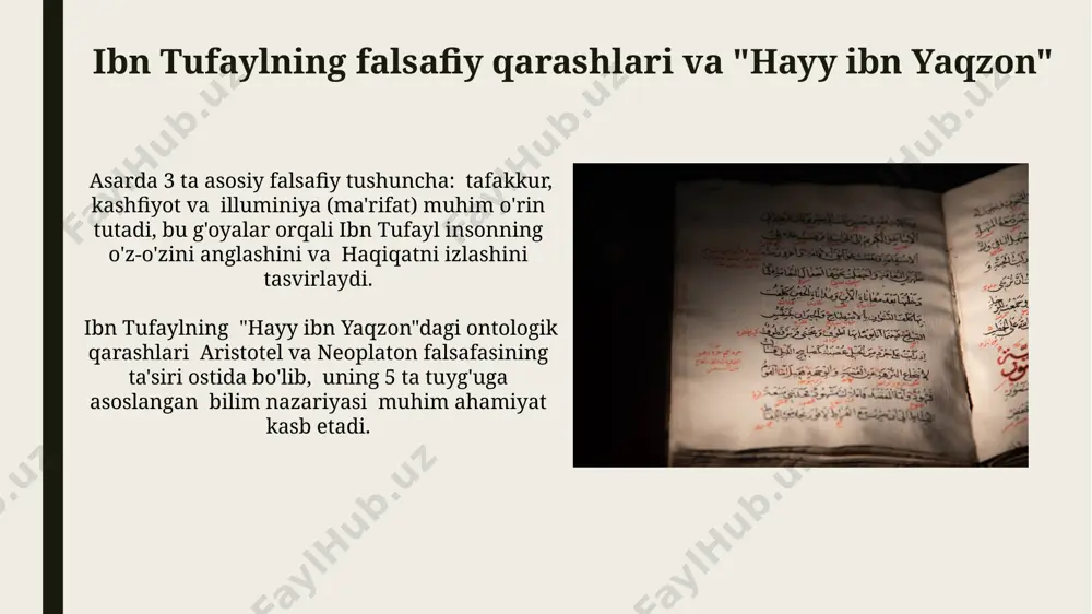 koyaning markaziy voqeasi sifatida, inson tabiatining mohiyatini va uning aql-idrok imkoniyatlarini o'rganish uchun muhim ramziy ahamiyat kasb etadi. uning tug'ilish sharoiti, insoniyat madaniyatidan butunlay uzoq, yovvoyi tabiat bag'rida sodir bo'lgan, bu esa uning intellektual rivojlanishida muhim rol o'ynagan. e'tiboringiz uchun rahmat @taqdimot_robot image1.jpg image2.jpg image3.jpg image4.jpg image5.jpg image6.jpg image7.jpg image8.jpg image9.jpg image10.jpg image11.jpg image12.jpg image13.jpg image14.jpg