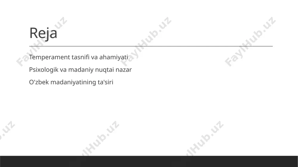 urf-odatlari va an'analari shaxsiyat rivojlanishiga ta'sir qiladi. 04 psixologik nazariyalar zamonaviy psixologik nazariyalar temperamentni tushunishda madaniy va psixologik omillarni birlashtiradi. bu, shaxsiyatni chuqur o'rganishga yordam beradi. temperament va psixologiya: inson xulq-atvorining asosiy tamoyillari. 1 temperament va xulq-atvor temperament inson xulq-atvorini belgilaydigan muhim omil. u turli shaxsiyat xususiyatlarini aniqlab beradi va odamlarning o'zaro munosabatlariga ta'sir etadi. 2 temperament turlari temperament to'rt asosiy turga bo'linadi: sanguin, cholerik, melancholic, va phlegmatic. har bir tur o'ziga xos xususiyatlarga, kuchli va zaif tomonlarga ega. 3 psixologiyada ahamiyati psixologiyada temperament insonning hissiy holatlari va xulq-atvorini tushunishda muhimdir. u shaxsning rivojlanishi va muvozanatli hayot kechirishiga yordam beradi. madaniyat va temperament: o'zbek an'analari orqali shaxsiyatni tushunish. madaniyat va shaxsiyat o'zbek madaniyati shaxsiyatni shakllantirishda muhim rol o'ynaydi, an'anaviy qadriyatlar va urf-odatlar odamlarning temperamentini belgilaydi. temperament va urf-odatlar o'zbek urf-odatlari, masalan, mehmondo'stlik va samimiyat, shaxsiyatning ijtimoiy jihatlarini kuchaytiradi, bu esa temperamentga ta'sir ko'rsatadi. o'zbek modellarida temperament o'zbek xalqining temperament tasniflari, …