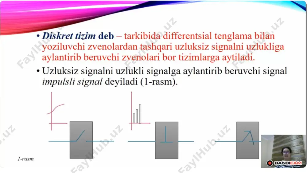 pulslar ketma-ketligining qaysi parametri o’zgarishiga qarab, impulsli modulyasiyalash turlari quyidagicha bo’ladi: 1. amplituda-impulsli modulyasiyalash (aim), bunda impuls amplitudasi kirish signaliga proporsional; 2. kenglik-impulsli modulyasiya (kim), bunda impulsning uzunligi (kengligi) kirish signaliga proporsional; 3. vaqt-impulsli modulyasiyalash (vim), unga faza-impulsli modulyasiyalash (fim) kiradi. bunda impulsning diskretlik davrining boshiga nisbatan fazasi yoki vaqt bo’yicha siljishi kirish signaliga proporsional. vimga, yana, chastota-impulsli modulyasiyalash (chim) ham kiradi; diskretlik chastotasi kirish signaliga proporsional. 18 impulsli modulyasiyalash turlari birinchi turdagi modulyasiyalash impulslar ketma-ketligining para-metrlari bir-biridan bir xil vaqt onlarida nari turgan modulya-siyalovchi kattalikning qiymatlariga qarab o'zgaradi. ikkinchi turdagi modulyasiyalash impulslar ketma-ketligining para-metrlari modulyasiyalovchi kattalik-ning joriy qiymatiga qarab o'zgaradi. 19 faqat aim-1ga ega iabslarning chiziqli ekanligini ko’rsatish qiyin emas, chunki ularda iening chiqish signallari amplitudasi diskret vaqt onlaridagi kirish signallari qiymatiga proporsional (7.3-rasm). 7.3-rasm. aim-1 ga ega iedagi chiqish signali. modulyasiyalashning boshqa turlarida impuls kengligi  ning eni (kimda) yoki surilishi (vimda) diskretlash davri – t chegaralarida cheklanganligi …