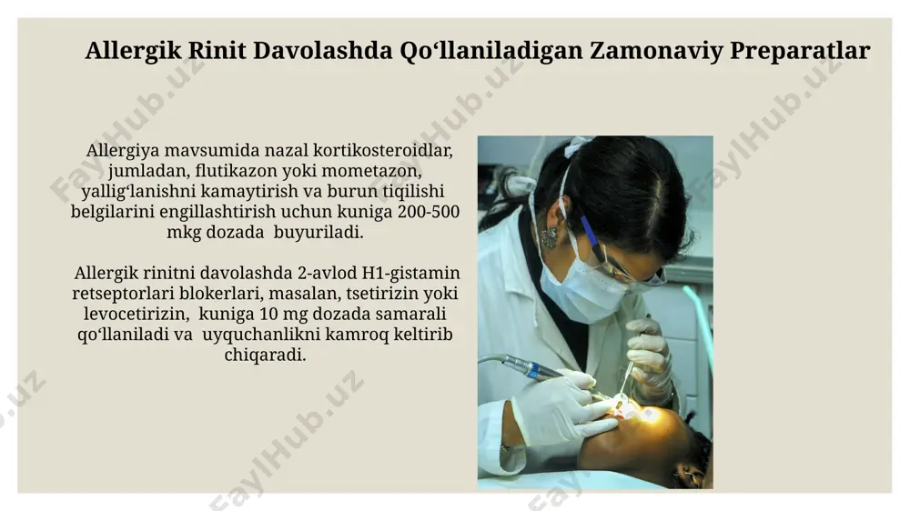 iy otorinolaringologik jarrohlikda qo‘llaniladigan preparatlar endoskopik jarrohlik amaliyotlarida 0,9% li natriy xlorid eritmasi bilan birga qo'llaniladigan antiseptiklar, masalan, povidon-iod yoki xlorheksidin, infektsiyani oldini olishda muhim rol o'ynaydi. surunkali rinit va sinusitni davolashda, yallig'lanishga qarshi ta'sirga ega bo'lgan 10-20 mg/ml konsentratsiyali kortikosteroidlar, masalan, mometazon furoat yoki flutikazon, samarali hisoblanadi. quloq suyuqligi to‘planishini davolashda qo‘llaniladigan zamonaviy preparatlar glukokortikoidlar, masalan, deksametazon, quloq suyuqligi to'planishini kamaytirishda yallig'lanishga qarshi ta'sir ko'rsatib, 7-10 kun davomida qo'llaniladi, biroq uzoq muddatli qo'llanilishi nojo'ya ta'sirlarga olib kelishi mumkin. quloq suyuqligi to'planishini davolashda antibiotiklar, masalan, amoksitsillin yoki azitromitsin, bakterial infeksiyalarni yo'q qilish uchun buyuriladi va davolash kursi odatda 7-14 kunni tashkil etadi. e'tiboringiz uchun rahmat @taqdimot_robot image3.jpg image4.jpg image5.jpg image6.jpg image7.jpg image8.jpg image9.jpg image10.jpg image11.jpg image12.jpg image13.jpg image14.jpg image15.jpg image16.jpg image17.jpg image18.jpg image19.jpg