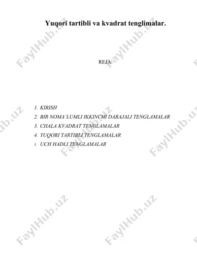 yuqori tartibli va kvadrat tenglimalar — DOC