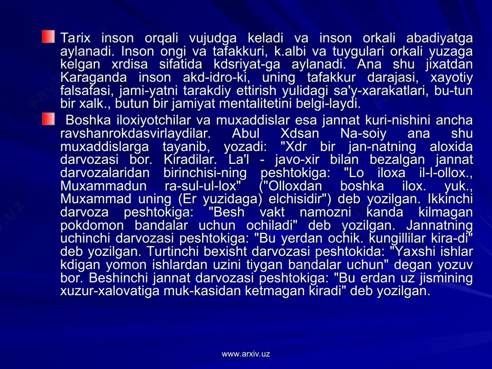 a kelishi, shakllanishi va tanazzullari borasida uziga xos fikr yuritgan, uziga xos talkin etgan va uziga xos falsafiy mushoxada yuritgan yirik shaxedir. ibn xaldun yashagan davr xamda usha paytdagi mavjud musulmon madaniyati va falsafasi namoyandalari uning falsafasini rivojlan-tirishdi va davom ettirishdi.vii-viii asrlarda urta osiyoga arablarning bostirib kelishi juda kup madaniy-tarixiy yodgorliklarning y^kr-lishiga sabab buldi. jumladan, "avesto"ning mavjud nus-xadari xam ana shunday fojialardan, mislsiz jaxrlat-dan chetda kolmadi.abu rayxrn beruniyning xulosalariga kura "kutayba xorazm xatini yaxshi biladigan, ularning xabar va rivo-yatlarini urgangan va bilimini boshkalarga ^rgatadigan kishilarni xalok etib, butkul shk, k.ilib yuborgan edi. shuning uchun u (xabar va rivoyatlar) islom davridan ke-yin, xakikatni bilib bulmaydigan darajada yashirin k.oldi... keyin kugayba ibn muslim al-boxiliy xorazm-liklarning kotiblarini x,alok etib, bilimdonlarini uldirib, kitob va daftarlarini kuydirgani sababli ular savodsiz krddi. uz extiyojlarida yodlash kuvvatiga suyana-digan buldilar. www.arxiv.uz www.arxiv.uz