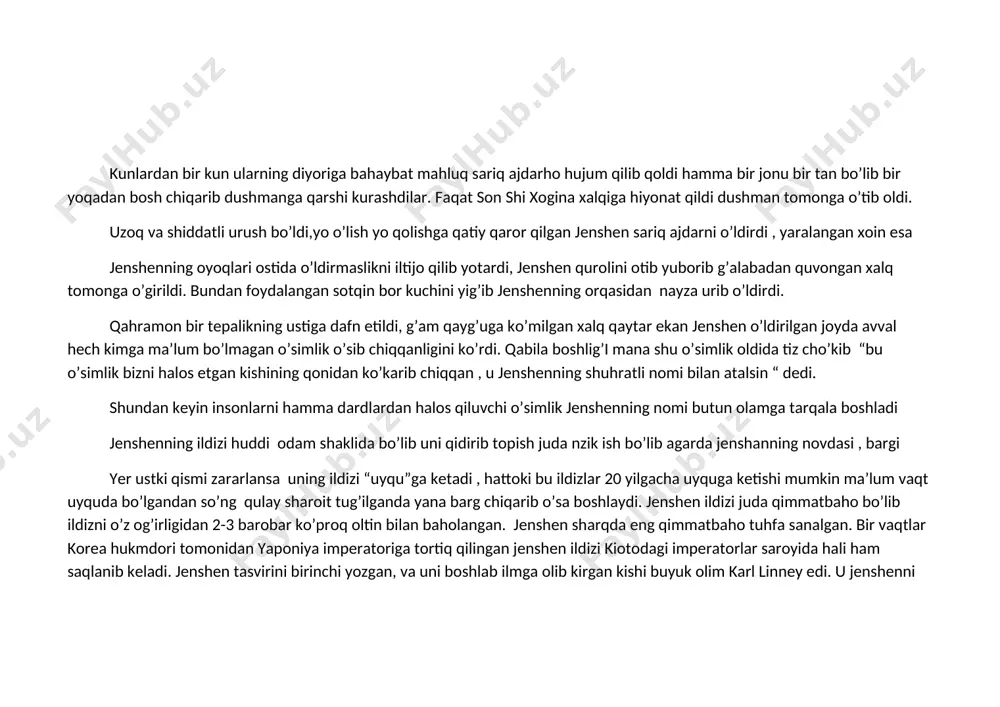 anadi . bu gul shu gul ni kashf qilgan olimlar nomiga rafleziya arnoldi deb nomlangan. non daraxti biz o’simliklarning mevasi yoki gullarini daraxtlarning novdasining uchlarida ko’rishga o’rganganmiz. lekin tropic mamlakatlarda o’sadigan ayrim daraxtlar boshqacha manzaraga ega. bunday o’simliklarda gul va meva tananing yo’g’onlashgan qismida paydo bo’ladi. xuddi shunday daraxtlardan biri non daraxtidir. artokarpus integra u tanasining ustki qismida mo’l hosil beradi. non daraxtining mevasi shaker va kraxmalga boy bo’lib, tami kartoshka va qovoqni eslatadi. u hushmanzara bo’lganligidan braziliyada hiyobonlarda ham ekilgan . non daraxti jnubiy mamlakatlarning eng foydali o’simligi hisoblanib mahalliy xalq uch tupdan non daraxti ekkan odam o’zini bir uzoq vaqtgacha non bilan ta’minlangan deb hisoblaydi. non daraxti bizda ko’plab o’sadigan tut daraxtlari bilan bir oilaga kiradi . mevasi yirik, og’irligi 14 kg, uzunligi 30-90 sm eni esa 25-50 sm. mevasi tarkibida 14 % suv, 60-80% kraxmal, 14% qand 1% gacha moy borligi aniqlangan. mahalliy aholi chuqurlar qazib ichini …