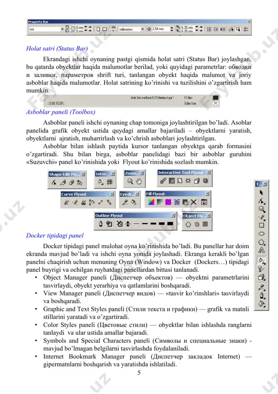 ishlash. · transformation paneli (трансформирование) — obyektlarni siljitishning har xil turlari bilan ishlah. · shaping paneli (изменение формы) — bir nechta obyektlarni uch hil ko’rinishda biriktirish. · color (цвет) va color palette browser (цветовые палитры) panellari — ranglar bilan ishlash. · browse (обзор) paneli — hujjatlarni boshqarish va ularni har hil ko’rinishlarda ko’rish. · cliparts (векторные изображения), photos (фотографии), 3dmodels (трехмерные модели) panellari — dastur bilan birgalikda o’rnatilgan kompakt disklar bilan ishlash (cd-rom). · ftp sites (сайты ftp) paneli — ftp saytlarini saqlash va katta massivli malumotlarni ko’chirish uchun ular bilan tez boglanish. agarda yuqorida ko’rsatilgan menuda qandaydir buyruq bo’lmasa u holda menuning (menu) parametrlar (options) yordamida qo’shish mumkin. interfeysni saqlash va o’zgartirish coreldraw dasturi interfeysini foydalanuvchi uzi hohlaganday qilib rostlash va uni xotiraga saqlash imkoniyati bor. uning uchun quyidagi amallar bajariladi: menuning (tools) dan оptsii… (options) buyruq tanlanadi va ochilgan dialog oynasidan interfeys (workspace) tanlanadi yangi... (new) tugmasi ekranga …