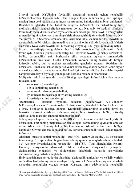 adar olingan foydani ifodalaydi: sf= stf-ds-bs, bunda, sf – sof foyda; ds – foydadan to‘lanadigan soliq; bs – boshqa soliqlar va to‘lovlar. foydadan soliqlar va boshqa majburiy to‘lovlar to‘langanidan so‘ng uning qolgan qismi xyus tomonidan mustaqil ravishda taqsimlanadi va foydalaniladi. foydaning bu qismi investitsion, ishlab chiqarish va sotsial harakterdagi ehtiyojlarga sarflanishi mumkin. uni taqsimlash jarayonida, albatta, xyusning kapital quyilmalarga bo‘lgan ehtiyoji hisobga olinmog‘i lozim. shuning uchun ham bozor kon’yunkturasini hisobga olgan holda foydadan ishlab chiqarishni rivojlantirish fondiga ajratmalarning miqdori aniqlanadi va ular kapital quyilmalar, aylanma mablag‘larni ko‘paytirish, ilmiy-tadqiqot va loyiha-konstruktorlik ishlarini ta’minlash, yangi texnolgiyalarni joriy etish uchun foydalaniladi. foyda hisobidan rezerv fondi ham shakllantiriladi, chunki bozor iqtisodiyoti sharoitida ishbilarmonlik risklarning darajasi keskin oshadi. bu fond har yillik ajratmalar hisobidan tashkil qilinadi. ajratmalarning o‘lchami esa xyusning ta’sis hujjatlariga muvofiq belgilanadi. eng ko‘p sof foyda olgan va dividend to‘lagan korxona bu – “navoiy kon-metallurgiya kombinati” dk bo‘ldi. “o‘ztransgaz” aj esa bu yil …