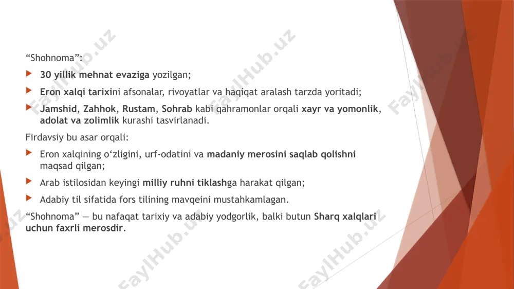 xiy rivoyatlardan unumli foydalangan. shu tufayli “shohnoma” fors she’riyatining eng yuksak cho‘qqilaridan biri deb tan olinadi. firdavsiyning “shohnoma” asari nafaqat adabiyot, balki san’at, madaniyat va milliy ong shakllanishiga ham kuchli ta’sir ko‘rsatgan. u asrlar davomida ko‘plab ijodkorlar uchun ilhom manbai bo‘lib kelmoqda. 🎭 teatr va opera: shohnoma voqealari asosida sahnalashtirilgan ko‘plab teatr asarlari va operalar mavjud. ayniqsa, rustam va sohrab voqeasi dramatik sahna uchun juda mos. 🖼️ miniatyura san’ati: eron va markaziy osiyo miniatyura maktablarida shohnoma syujetlariga oid rang-barang tasvirlar, jang sahnalari, qahramonlar portretlari chizilgan. ular san’at tarixining durdonalaridan hisoblanadi. 📚 adabiyot: ko‘plab shoir va yozuvchilar (jumladan, navoiy, hofiz, iqbol) shohnoma qahramonlaridan ilhomlanib o‘z asarlarida ularni tilga olganlar, yangi falsafiy ma’no yuklaganlar. 🎥 kino va animatsiya: zamonaviy eron kinosida ham shohnoma motivlari asosida film va multfilmlar suratga olingan. bu orqali yosh avlod ham bu asar bilan tanishmoqda. xulosa qilib aytganda, “shohnoma” – faqat doston emas, balki xalq ruhiyatini asrlar davomida …
