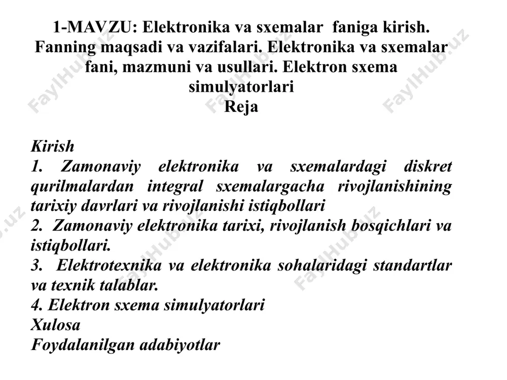 ish 1. zamonaviy elektronika va sxemalardagi diskret qurilmalardan integral sxemalargacha rivojlanishining tarixiy davrlari va rivojlanishi istiqbollari 2. zamonaviy elektronika tarixi, rivojlanish bosqichlari va istiqbollari. 3. elektrotexnika va elektronika sohalaridagi standartlar va texnik talablar. 4. elektron sxema simulyatorlari xulosa foydalanilgan adabiyotlar hozirgi zamon elektroenergetikasi — mamlakatning yetakchi sohasidir. u ilmiy -texnik taraqqiyotda har qanday soha ishlab chiqarishini jadallashtirishda hal qiluvchi rolni o'ynaydi. inson o'z faoliyatining barcha sohalarida elektr ener giyadan foydalanadi. elektr energiya boshqa energiya turlaridan quyidagi ajoyib xossalari bilan ajralib turadi: a) boshqa (mexanik, kimyoviy, issiqlik, yorug'lik, atom) energiya turlaridan olinishi nihoyatda sodda; b) uzoq masofaga yuqori foydali ish koeffitsiyenti (fik) bilan uzatish va yuklamalarga oson taqsimlash mumkin; v) boshqa turdagi energiyaga oson aylantirish mumkin; g) turli quwatga ega yuklamalarni bitta manbaga ulash mumkin; d) turli fizik tabiatli parametrlarni tok va kuchlanishga o'zgartirish sodda; e) signallami uzoq masofalarga bir onda uzatish mumkin (telefon, telegrafiya, radioaloqa). hozirgi zamon elektroenergetikasi — mamlakatning …