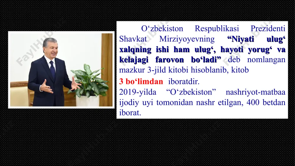 ton tarixi ” telekanali tashkil etilgan. 2019-yil 11-iyuldagi pq-4390-son qaroriga binoan. o‘zbekiston respublikasi konstitutsiyasi qabul qilinganligining 26 yilligiga bag‘ishlangan tantanali marosimda insonparvarlik prinsipiga amal qilgan holda sudlar tomonidan oqlangan shaxslar soni ortib borayotgani haqida so‘z yuritildi. 2018-2019-yil ma’lumotlariga ko‘ra 3 333 nafar shaxslar ozodlikka chiqarildi. 590 263 28 2016 2017 2018 uzoq yillar mamlakatimizda yashab, jamiyat ravnaqiga hissa qo‘shib kelayotgan, biz bilan vatandosh bo‘lishni orzu qilgan 2 ming 528 nafar shaxs o‘zbekiston fuqaroligiga qabul qilingan asarning birinchi bo‘limida yana: xalqaro maqom san’ati anjumanining ochilish marosimidagi nutq (2018-yil, 6-sentyabr) xalqaro baxshichilik san’ati festivali ochilishiga bag‘ishlangan tantanali marosimdagi nutq (2019-yil, 6-aprel) yurtboshimizning oliy majlis senatining yigirmanchi yalpi majlisida so‘zlagan nutqi (2019-yil, 21-iyun) “folklor san’ati-insonning bolalik qo’shig’i” “muqaddas ona, ayol zoti-chinakam mehr bulog’i” “maqom-musiqa san’ati durdonasi” xalqaroxotin-qizlar kuniga bag‘ishlangan tantanali marosimdagi nutq (2019-yil, 7-mart) ko‘p tarmoqli “humo arena” sport kompleksining tantanali ochilish marosimdagi nutq (2019-yil, 15-mart) qirg‘iziston respublikasining cho‘lponota shahrida bo‘lib o‘tgan turkiy …