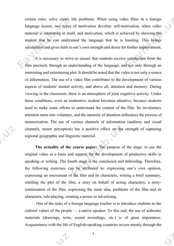 ondary schools is the saturation of their country-specific information. such texts as letters, advertisements, signs, questionnaires, and menus occupy a significant place among the texts. all facts and phenomena, all information about different areas of reality of english-speaking countries were selected taking into account the age of the students and their interests. mastering this material will allow schoolchildren to better navigate the country of the language being studied in the event of a real visit. along with this, it is important to give students a clear idea of the life, traditions, linguistic realities of english-speaking countries. this goal can serve as educational videos whose use contributes to the implementation of the most important requirements of the communicative technique: to present the process of language acquisition as the comprehension of a living foreign language reality. the object and subject matter of the course paper: the objectives of the course work are …