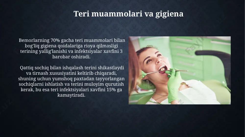 tsiyasi va tirnoq ostiga axloqsizlikning kirishini oldini oladi. tirnoqlarni lak bilan bo'yashdan oldin va keyin tirnoqlarni dezinfektsiyalovchi vositalar bilan tozalash, 7 kun davomida sog'lom tirnoqlarni saqlashga yordam beradi. tana gigienasi tana gigienasi yomon bo'lganda, terining infektsiyalariga, masalan, 100 dan ortiq turdagi bakteriyalar va zamburug'larga chalinish xavfi sezilarli darajada ortadi, bu esa og'ir kasalliklarga olib kelishi mumkin. tana gigienasiga alohida e'tibor berish, ayniqsa, immunitet tizimi zaiflashgan bemorlarda, 37°c dan yuqori haroratda, yoki surunkali kasalliklar bilan og'riganlarda, yuqumli kasalliklarning oldini olishda muhim rol o'ynaydi. gigiena vositalaridan foydalanish dush jeli yoki sovunni tanlashda terining turiga mos kelishini hisobga olish muhim, chunki noto'g'ri tanlangan vositalar terining quruqlashishiga yoki tirnash xususiyatiga olib kelishi mumkin. gigiena vositalaridan foydalanishda, masalan, tish cho'tkasi va pastasi, 3 oyda bir marta almashtirilishi kerak, aks holda bakteriyalar soni 1000 dan oshib ketishi mumkin. kasalxona sharoitida gigiena kasalxonada bemorlarning qo'llari kuniga kamida 5-6 marta, har bir ovqatdan oldin va hojatxonadan keyin antiseptik …