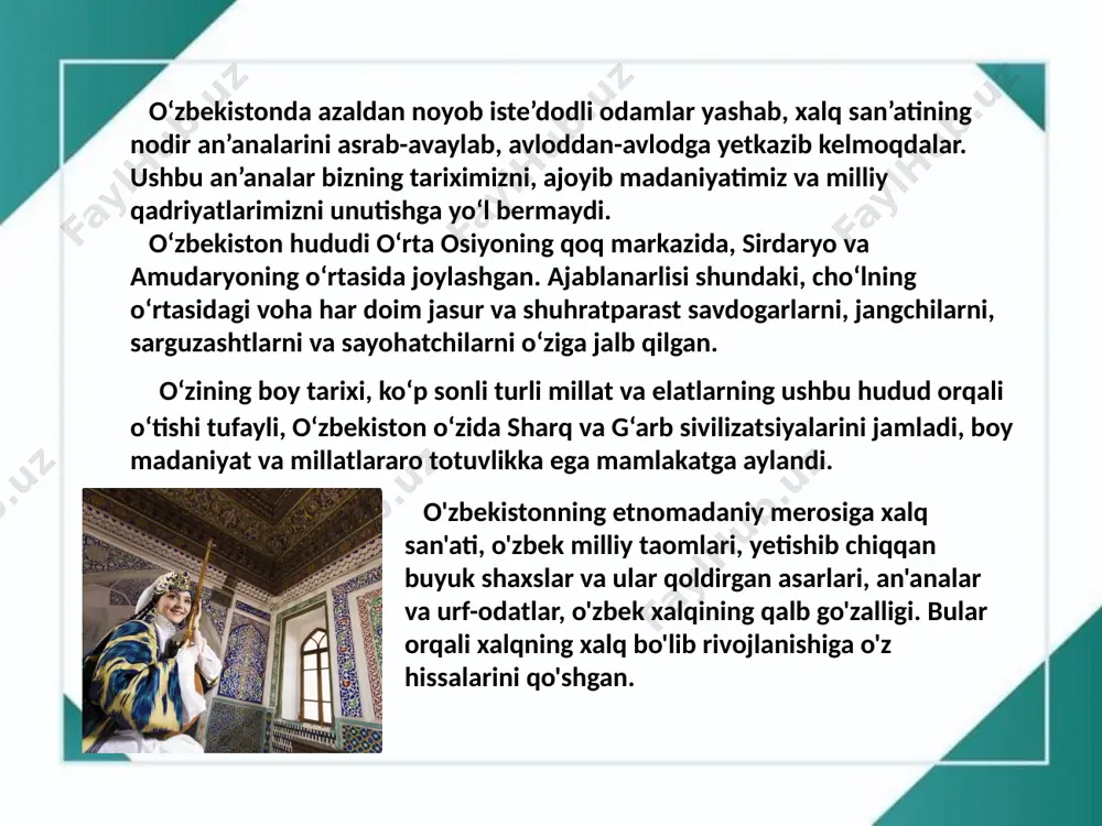 qirralariga daxldor keng qamrovli, murakkab hodisadir. goho uning boshlanishi qaerda-yu oxiri qaerda ekanini topish, ilg‘ash, boshqa ijtimoiy hodisalar va artefaktlardan, ob’ektivlashgan sub’ektiv tasavvurlardan ajratish juda qiyin. shuning uchun biz etnomadaniyatdagi estetik merosni ma’lum bir yo‘nalishlarga, cohalapra ajratib o‘rganishni ma’qul topdik. bu, aslida muammoga tizimli, funksional yondashishdir. shu nuqtai nazardan ob’ekt (predmet)ni quyidagilarga klassifikatsiya qilamiz: 1.madaniy-xo‘jalik tiplari. 2.ijtimoiy-madaniy hayot. 3.diaxron va sinxron kommunikativ aloqalar. 4.transsendental va teomifologik tasavvurlar. 5.ritual va ommaviy tomoshalar. 6an’anaviy xalq ijodi va san’ati. 7.etnomadaniyatda signifikativ jarayonlar. 8.etnomadaniy va etoestetik idealning shakllanishi. ushbu klassifikatsiyada etnoestetik merosning shakllanishidan to etnomadaniy va etnoestetik idealga ko‘tarilishi nazarda tutilgan. transformatsiya faqat o‘zgarishni emas, u evolyusion rivojlanish jarayonlarini ham nazarda tutadi. oddiy, primitiv, ibtidoiy - estetik tasavvurlarning o‘zgarib, transformatsiyaga uchrab, ijtimoiy-tarixiy bosqichlar talablariga muvofiq boyib, rivojlanib, etnoestetik idealga o‘sib chiqishini kuzatish biz uchun muhimdir. xulosa mustaqillik sharofati bilan ajdodlarimiz tomonidan ming yilliklar ichida yaratilgan bebaho meros xalq an'anaviy madaniyatini tiklash, saqlash va taraqqiy …