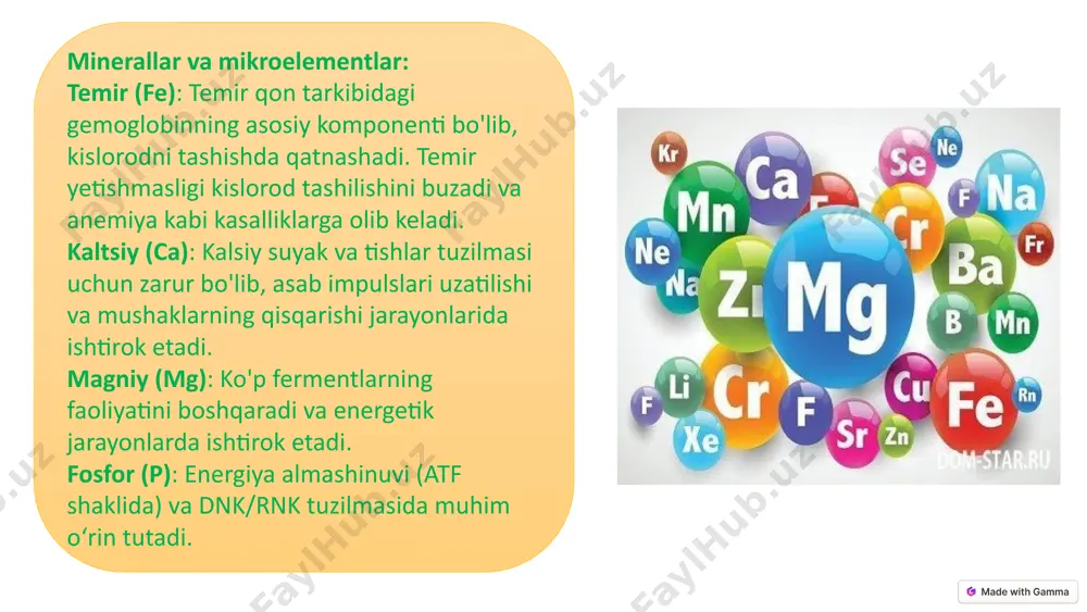 ratib, biologik katalizatorlarni takomillashtirishga harakat qilishadi. bu fermentlar tabiiy fermentlarga qaraganda ko'proq barqaror bo'lishi mumkin. nanomateriallar olishda anorganik kimyoning ahamiyati. noorganik kimyo nanomateriallar, ya'ni o‘lchamlari nanometr darajasidagi moddalarni yaratishga imkon beradi. bu materiallar yuqori mustahkamlikka, o‘ziga xos optik, elektr va mexanik xususiyatlarga ega bo‘lishi mumkin masalan, nemis immunologi p.ehrlix kelajakda patogen mikroorganizmlarga kuchliroq ta'sir ko'rsatadigan va organizmga toksik ta'sir ko'rsatmaydigan yuqori selektiv preparatlarni sintez qilish imkoniyatini ko'rib chiqdi. dori vositalarining istiqbolli tashuvchilari: a - xitozan; b - magnetit; c - nanotubalar; g - fullerenlar; d - lipozomalar; e - dendrimerlar; g - kremniy bioinjeneriya noorganik moddalar, xususan, metall nanozarrachalar bioinjeneriya sohasida tibbiyot va texnologik maqsadlarda qo‘llaniladi. masalan, nanomateriallar dori yetkazish tizimlarida ishlatiladi, qoplama materiallari sifatida ishlatiladi yoki hujayra tuzilmalarini modellashtirishda qo‘llaniladi. noorganik kimyoning biokatalizdagi ahamiyati noorganik kimyo biokataliz fermentlarning tuzilishini o'rganish fermentlarning faoliyatini tushunish metallarning roli ba'zi fermentlarning faolligida metall ionlari muhim rol o'ynaydi katalitik mexanizmlarni modellashtirish fermentlarning ishlash mexanizmlarini …