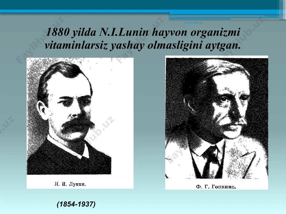 нча кучсиз. www.arxiv.uz suvda eruvchi vitaminlar saqlovchi dorivor o’simliklar tahlili askorbin kislotani sifat rеaktsiyasi yordamida aniqlash etilatsеtat - konts. sirka kislotaning 80:20 2,6-dixlorfеnolindofе-nolyat natriyning suvdagi 0,04% li (yoki 0,001n) eritmasi purkaladi. www.arxiv.uz yog’larda eriydigan vitaminlar vitamin a faqat hayvonlarda bo’ladi, o’simliklarda esa hayvon organizmida parchalanib, vitamin a ga aylanadigan birikmalar (provitamin a) karotinlar saqlanadi. karotinlar har xil bo’lib kimyoviy tomonidan bir-biriga yaqin bo’ladi. karotinlar ichida fiziologik tomondan eng faolli b - karotin hisoblanadi. www.arxiv.uz 1881 yilda vakenroder karotinni sabzidan ajratib olgan. 1906 yilda vilshtetter β-karotinni kimyoviy tuzilishini aniqladi. www.arxiv.uz karotin 3 ta izomer holatida uchraydi: l,β,γ. www.arxiv.uz vitamin d егgocalciferolum –vit d2 ноlaecalciferolum - vit d3 bu moddalar baliq moyi, sariyog’,jigar, o’simlik moylarida uchraydi ergocalciferol va holecalciferol – rangsiz, hidsiz kristall kukun. suvda erimaydi. efir, spirt va hloroformda oson eriydi, optik faol . yorug’lik nuri va havo kislorodi ta’sirida tez o’zgaradi. www.arxiv.uz vitamin е – (nasl qoldirish) 7 hil izomeri …