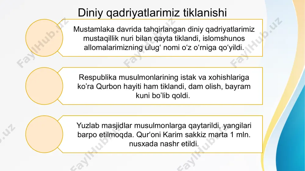rlari t.boltaboyev, sh.muhamadjonov, g.kamolov foydalanilgan adabiyotlar mustafoeva n.xx asrda o'zbekistonda madaniyat va tafakkur.t.;-―navro'z‖-2014. 2. o.irisqulov. o‘zbekiston madaniyati va san’ati tarixi. o‘quv qo‘llanma. – samarqand, samdu nashriyoti, 2021, 3. u.u. mansurov. a. sh. to‘xtaboyev. o‘zbekiston san’ati va madaniyati tarixi. toshkent:2021. e’tiboringiz uchun rahmat! image2.jpeg image3.jpeg image1.jpeg /docprops/thumbnail.jpeg