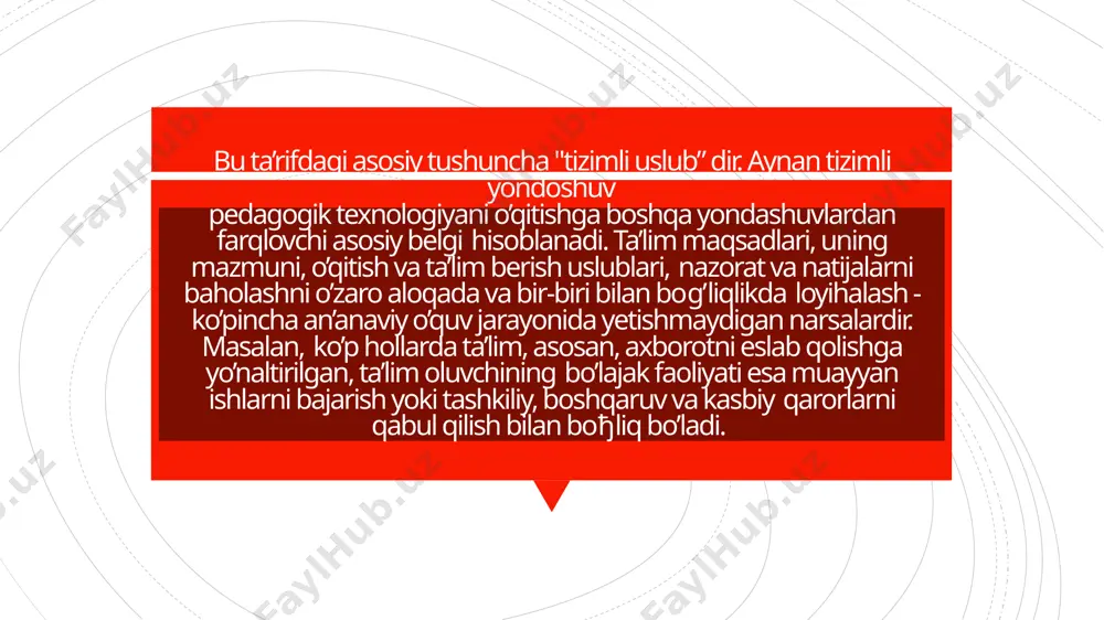 dlarni: - mashqlar, labaratoriya ishlari, dastur tuzish, pedagogik masalalarni yechish, mehnat harakatlari va boshqalarnio`z ichiga oladi. metodikaning maqsadi mazkur fandan yangi o'quv fani (o'quv predmeti) yaratish va bu fanning o'zlashtirilishini ta ’minlashdan iborat. bunday o'quv fanlari talabaning barcha talab va ehtiyojlarini qoniqtirishi, zamonaviy pedagogik texnologiyalar talablari asosida «avval o'qish, so'ngra, bu o'qishga o'rgatish uchun o'qitish» prinsipiga asoslanishi, talabaning o'quv materialini o'zlashtirishidagi ko'rsatkich va o'zlashtirish darajalari, nazariy va amaliy bilimlarini egallashda «soddadan-murakkabga» qoidasiga asoslangan nazorat topshiriqlarini belgilash hamda talabalarga individual va tabaqalashgan holda yondashuvlar xususiyatlarini hisobga olishi lozim. “blits-so’rov” metodi “blits-so’rov” (inglizcha “blits” – tezkor, bir zumda) metodi berilgan savollarga qisqa, aniq va lo’nda javob qaytarilishini taqozo etadigan metod sanaladi. ta’lim muassasalarida ushbu metodga muvofiq savollar, asosan, ta`lim beruvchitomonidan beriladi. berilgan savollarga javoblar jamoaviy, guruhli, juftlik yoki individual tarzda qaytarilishi mumkin. javob qaytarish shakli mashg’ulot turi, o’rganilayotgan mavzuning murakkabligi, ta`lim oluvchi (talaba)larning qamrab olinishiga ko’ra belgilanadi. “venn diagrammasi” grafik organayzeri grafik …