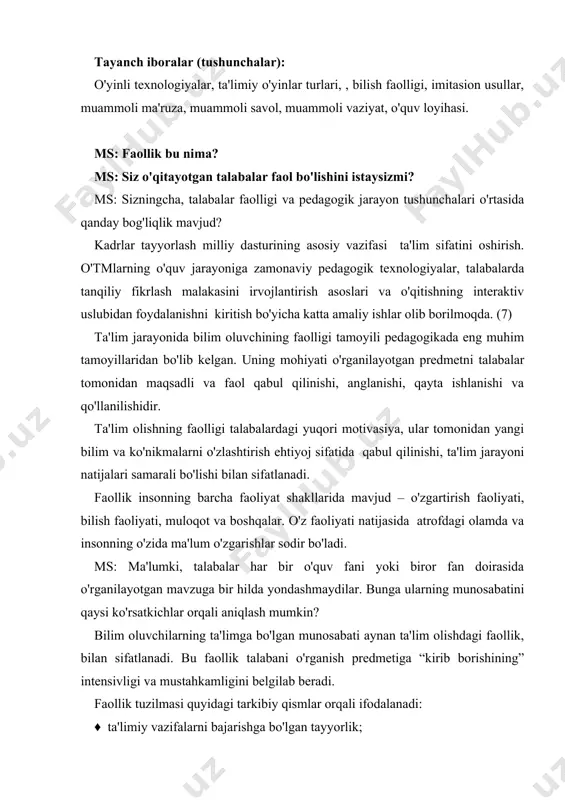 ollik tuzilmasi quyidagi tarkibiy qismlar orqali ifodalanadi: ♦ ta'limiy vazifalarni bajarishga bo'lgan tayyorlik; ♦ mustaqil faoliyat olib borishga intilish; ♦ bajarilayotgan harakatlarni anglanganligi; ♦faollik predmetiga yo'naltirilgan diqqatning mustahkamligi; ♦ o'z bilim darajasini yanada oshirishga bo'lgan intilish. g.k.selevko o'z kitobida faollikning ikki darajasi farqlanadi, deb bergan (1). birinchi, quyi daraja insonning ma'lum darajada mahsuldor, bajaruvchi, qayta tiklovchi faoliyatini belgilab, unda inson ko'proq boshqarilayotgan ob'ekt rolini ijro etadi. bu darajadagi faoliyat “ob'ekt faoliyati” deb nomlanadi. ikkinchi, yuqori darajada faollik ta'lim oluvchi faoliyatining birlamchi sababi, manbasi rolini o'ynab, ijodiy, o'zgartiruvchi sifatga ega. bunda faoliyatni amalga oshiruvchi inson sub'ektdir va faoliyatda uning irodasi ishtirok etadi (“sub'ekt faoliyati”). bunday faoliyat quyidagi jihatlar bilan farqlanadi: (konseptual jadval) · ( faoliyat amalga oshirilayotgan vaqtda · sub'ektning ichki sifat va holatining · o'ziga xosligi - maqsadlash, rejalashtirish, · natijani oldindan ko'rishga bo'lgan · ichki motivasiyaning mavjudligi (vaziyatdan · kelib chiqib, biror fakt ta'sirida amalga oshiriladigan birinchi daraja faolligidan …