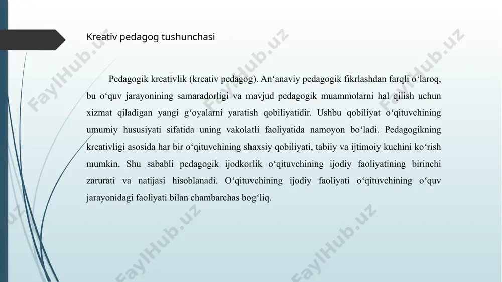 vjud bilimlaringizni birma-bir aytib oʻting” deyish bilan teng. amaliy kreativ harakat koʻnikmalarini rivojlantirish. pedagoglar talabalarda kreativ harakat koʻnikmalarini shakllantirish va rivojlantirishda koʻrsatmali metod va usullardan foydalanadi. bu oʻrinda savollardan foydalanish faqat qisqa muddatda yordam berishi mumkin, biroq, talabalara interfaollik va kirishimlilikni rivojlantirmaydi. kreativ faoliyat jarayonlarni tashkil etish. mazkur yoʻl talabalarni muammoni yechish va innovatsion gʻoyalarni ilgari surish jarayonida kreativ, ijodiy fikrlashga urgʻu beradi. mazkur jarayonlarda kreativ metod va usullar faol qoʻllanilmasa-da, kreativ fikrlash yuz beradi. m: “yurak va qon aylanishi tizimi oʻrtasidagi bogʻliqlikni topish” (isaksen & treffinger, 1985). topshiriqni bajarar ekan, talabalar odamning qon aylanishi tizimi bilan bogʻliq turli muammolarni tahlil qiladi. natijada ushbu jarayonda koʻp tomonlama fikrlash, mushohada yuritish roʻy beradi. kreativ mahsulot (ishlanma)lardan foydalanish. bu yoʻlni tutishda pedagog talabalarga “odamning qon aylanish tizimi” mavzusida power point dasturi yoki multimediya yordamida taqdimotni yaratish topshirigʻini berishi mumkin. taqdimotni tayyorlash jarayonida talabalarda kreativ fikrlash koʻnikmalari faol rivojlanadi. ta’limning kognitiv va kreativ …