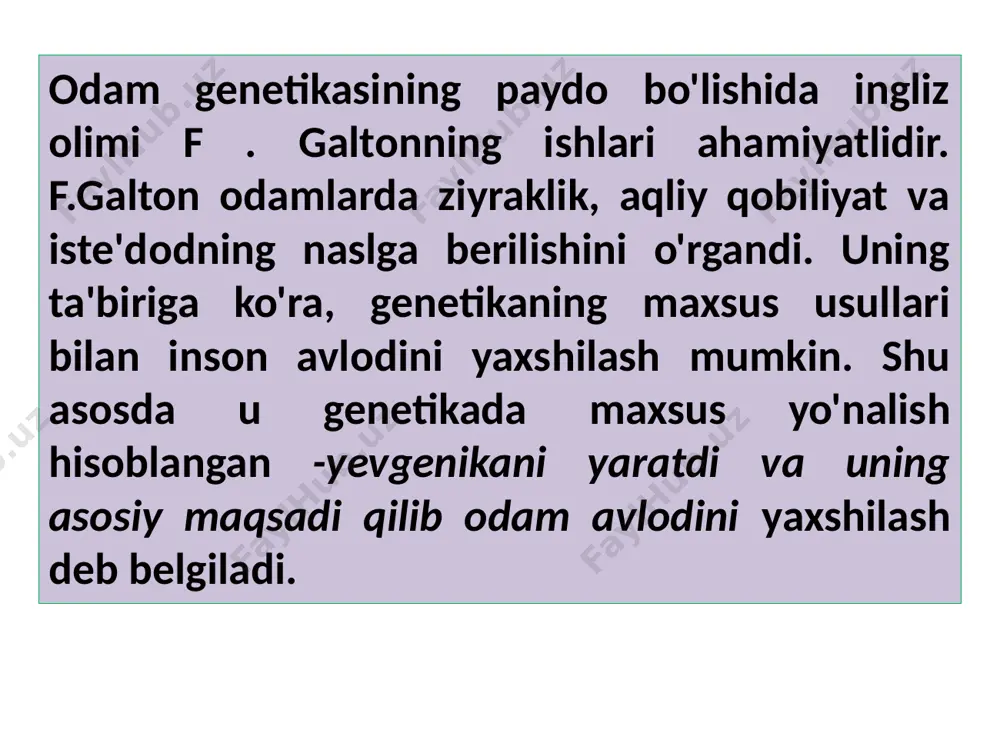 ma - barcha morfologik belgilari ko’rsatilgan gaploid to'plam xromosomalarining grafik tasviri. idiogramma tuzish uchun gaploid to'plamiga kiruvchi har bir xromosomalarda sentromeraning o'rni, katta va kichik yelkalarining uzunligi kamida 10 ta hujayrada aniqlanadi. shundan keyin o'rganilayotgan belgi bo'yicha o'rtacha arifmetik qiymat chiqariladi. olingan raqamlar asosida har bir xromosomaning uzunligiga qarab birin-ketin grafik tasviri chiziladi odam xromasomalarini chizmasi dermatoglifika 3 bo'limdan iborat: palmoskopiya, plantaskopiya va daktiloskopiya. palmaskopiya kaft terisidagi naqshlar tasvirini o'rganadi. kaftning tashqi tuzilishi va kaft terisidagi naqshlar, tasvirlar ancha murakkab. kaftda ko'pgina yostiqchalar, burmalar, maydonchalar va turli chiziqchalar bor. odatda, kaftda 11 ta yostiqchalar bo'lib, ular 3 ta guruhga bo'linadi: 1) 2 ta katta proksimal kaft yostiqchalari - tenor va gipotenor; 2) 4 ta barmoqlararo yostiqchalar; 3) 5 ta barmoqlar uchidagi yostiqchalar. kaftda burmalardan: 1) kaft-barmoq; 2) distal; 3) proksimal; 4) bosh barmoqning burmasi; 5)bilakuzuk burmalari joylashgan kaftda har xil tomonga yo'nalgan ko'pgina chiziqchalar bor. uch tomonga yo'nalgan chiziqchalarning bir-biriga …