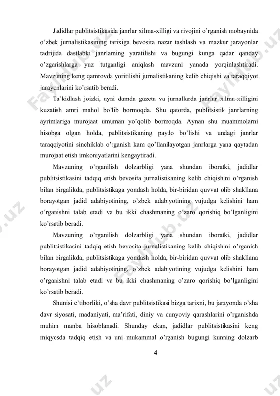 taraqqiyoti muammosi jahon, rus va o’zbek adabiyotshunosligida etik, estetik va jurnalistik aspektlarda o’rganilgan. ma’lumki, milliy uyg’onish davri o’zbek adabiyoti namoyandalari ijodining muayyan qismini publitsistika tashkil etadi. mazkur davrning madaniy, ma’rifiy, adabiy hodisalari adabiyotshunoslar tomonidan jiddiy o’rganildi. mustaqillik davrida alohida olingan adabiy siymolarning adabiy-estetik qarashlari, publitsistik va muharrirlik faoliyati yuzasidan dissertatsiyalar himoya qilindi. adabiyotshunoslikda o’zbek publisistikasining shakllanishi va takomil tamoyillari, nazariyasi, mavzu ko’lami, uslubiy xususiyatlari, janrlari kabi masalalar umumnazariy va individual aspektda o’rganilgan . ko’rinadiki, o’zbek adabiyotshunosligida publitsistika masalasi biror bir davr, adabiy muhit, ijtimoiy hodisalar asosida o’rganilgan. ammo bularni to’la e’tirof etgan holda aytish lozimki, o’zbek publitsitikasining tashkil etilishida tamal toshini qo’ygan jadidlarning asarlari tarkibida badiiy-publitsistik vazifa bajarishga qaratilgan muhim omillar, shuningdek, publitsistik janrlarning tadriji hamda bugungi kunga qadar qanday o’zgarishlarga yuz tutib, yangi janrlar tashkil etilish jarayonlari tatqiq etilib, o’rganilgan emas. vaholanki, milliy uyg’onish davri adabiyoti, jadidlar ijodining asosini publitsistika tashkil etgani holda bugungi kunga qadar bir qator o’zgarishlarga …