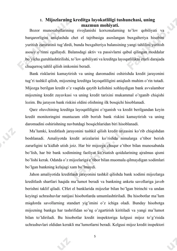 h bilan bog’liq. bunday paytda qarz oluvchi kompaniya bankka kreditlanadigan loyiha maqsadi va uni amalga oshirish usullari xaqida ma’lumotlarni o’z ichiga oluvchi batafsil biznes - rejani taqdim etishi kerak. kredit inspektori kredit arizasi va unga kiritilgan hujjatlarni yaxshilab o’rganib chiqadi. bundan so’ng u kelgusi qarz oluvchi bilan yana bir bor suhbatlashadi. suhbat davomida kredit inspektori qarz oluvchi kompaniya (bank) ishlarini har tomonlama o’rganishi shart emas, u kreditor-bankni qiziqtiradigan savollarga kerakli darajada ahamiyat berishi kerak. ko’zga ko’ringan chet el banklarining amaliyoti shuni ko’rsatadiki, kelgusi mijoz bilan suhbat aniq bir tartibda berilgan quyidagi savollarga bog’liq bo’lishi mumkin. bank kreditlashning birinchi bosqichida quyidagilarni aniqlashi kerak: a. qarz oluvchining ishonchliligi va kreditga layoqatliligi, uning sherik sifatidagi faoliyati doimiyligi va samarasi. b. kredit zayavkasining asoslanganligi va kredit qaytarilishining ta’minlanganlik darajasi. bank kerak bo’lsa kredit taklifi bo’yicha o’z talablarini ishlab chiqishi va mijozni u bilan tanishtirishi mumkin. v. kredit taklifining bank kredit siyosati va ssuda portfeli …