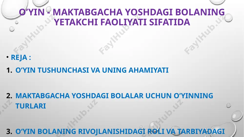 munosabatlar shakllanadi. bu o’yinlar bolani mustaqil fikrlashga va tasavvurini boyitishga yordam beradi. harakatli o’yinlar harakatli o‘yinlar bolaning jismoniy rivojlanishiga xizmat qiladi. bunday o‘yinlar — yugurish, sakrash, to‘p bilan o‘ynash — muvofiqlikni, tezlikni, epchillikni oshiradi. harakatli o‘yinlar bolada sog‘lom hayot tarzi ko‘nikmasini shakllantiradi. didaktik o’yinlar didaktik o‘yinlar bolaning bilim doirasini kengaytiradi. bu o‘yinlar orqali bola ranglar, shakllar, sonlar, harflar bilan tanishadi. muammo hal qilish, taqqoslash, tasniflash kabi intellektual ko‘nikmalar rivojlanadi. o’yin muhitining ahamiyati bola uchun qulay, xavfsiz va boyitilgan o‘yin muhiti muhim. o‘yinchoqlar, moslashtirilgan mebellar, bo‘yoqlar, qum va suv — bularning barchasi bolaning ijodkorligiga ijobiy ta’sir qiladi. tarbiyachi yoki ota-ona tomonidan to‘g‘ri yo‘naltirilgan muhit bolada mustaqillikni kuchaytiradi. xulosa o’yin — maktabgacha yoshdagi bolaning eng muhim faoliyati bo‘lib, u orqali bola hayotiy tajriba orttiradi. o‘yinning to‘g‘ri tashkil etilishi bola shaxsining har tomonlama rivojlanishini ta’minlaydi. shu sababli, o‘yinga jiddiy yondashish va uni tarbiyaviy vosita sifatida qadrlash zarur. eʼtiboringiz uchun rahmat ! image2.png image3.png …