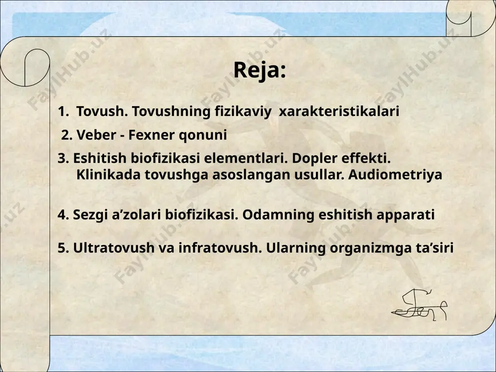 tiv, fiziologik) chastota amplituda yoki intensivlik 3. garmonik spektr balandlik qattiqlik tembr tovush intensivligining fizik xarakteristikasiga tovushning qattiqlik deb ataluvchi psixofizik xarakteristikasi mos keladi. tovush qattiqligi subyektiv ma’noga ega bo’lib tovush chastotasi va sezuvchanlikka bog’liqdir. intensivlik tovush kuchi umov vektori energiya oqimining zichligi intensivlik – vaqt birligi ichida yo’nalishga perpendikulyar bo’lgan birlik yuzadan o’tuvchi to’lqinning energiya miqdoridir, j  deb belgilanadi. u vektor kattalik tovush intensivligi va qattiqligi o’zaro veber – fexner qonuni bilan bog’langan. agar tovush intensivligi geometrik progressiya bo’yicha oshsa, unda tovush qattiqligi arifmetik progressiya bo’yicha oshadi, ya’ni bunda: e – qattiqlik; k –proporsionallik koeffisienti; i – tovush intensivligi; io – nolinchi intensivlik yoki sezish bo’sag’asi io=10-12 vt/m2 образец текста второй уровень третий уровень четвертый уровень пятый уровень tovush intensivligini xarakterlash uchun o’nli logarifmdan foydalaniladi: β – bellarda o’lchanadi. β = 2b intensivlik sathiga tovush intensivligining quyidagi qiymatlariga to’g’ri keladi. β – intensivlik sathi chunki quyidagini bildiradi: bundan …