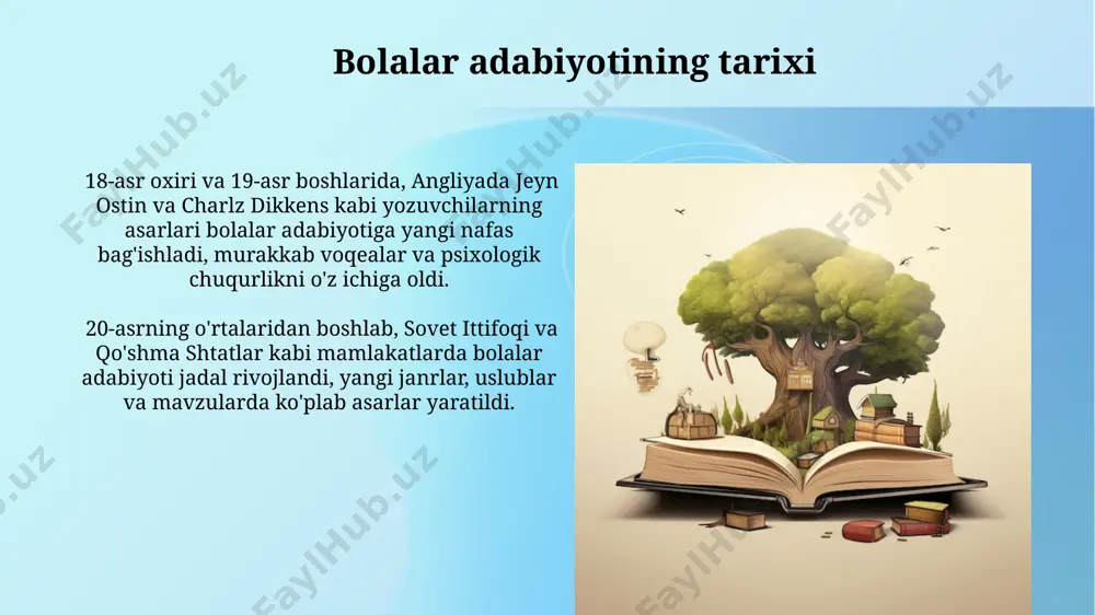 rivojlantirishda muhim rol o'ynaydi, lug'at boyligini 20% ga oshiradi va o'qishga bo'lgan qiziqishni rivojlantiradi, masalan, "alpomish" dostonlari kabi asarlar orqali. "sehrli kitoblar" loyihasi kabi davlat dasturlari orqali 2023 yilda 300 mingdan ortiq bolalarga 50 ta turli janrdagi kitoblar taqdim etildi, bu ularning badiiy didini shakllantirishga yordam beradi. kitob tanlash va tavsiya qilish тошкент шаҳридаги 10 тадан ортиқ болалар китоб дўконлари таҳлилига асосланган ҳолда, 2023 йилдаги энг кўп сотилган китоблар рўйхати, ёш аудиториянинг афзалиятларини аниқлашга ёрдам беради. "болалар адабиёти" журналининг 2022 йилги 3-сонида тақдим этилган худди шу мавзудаги тавсиялар, турли жанрлардаги китобларни танлашда фойдали бўлади. yoshiga moslashuvchanlik yosh bolalar adabiyoti, 5-7 yosh oraligʻidagi bolalar uchun moʻljallangan boʻlib, sodda til, yorqin rasmlar va qisqa hikoyalar bilan ajralib turadi, masalan, "qoʻziqorinlar mamlakati" kabi asarlar. yoshga moslashuvchanlik ta'lim maqsadlariga koʻra, 3 yoshgacha boʻlgan chaqaloqlar uchun qoʻgʻirchoqlar, rangli rasmlar va qoʻshiqlar bilan boyitilgan kitoblar, 7 yoshdan keyin esa sarguzasht va fantastika janrlariga oʻtish kuzatiladi. o'quvchi …