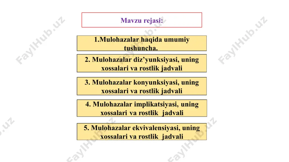 alan, a=“4 6» — (y) bo’lsin, u holda a∧b: «5 — tub son va u 6 dan katta» — yolg’on mulohaza bo’ladi. b) a: «3<8» —(r), b: «8< 11» — (r), a∧b: «3 <8∧8< 11» yoki «3<8< 11», ya’ni tengsizliklar konyunksiyasini qo’sh tengsizlik ko’rinishida yozish mumkin va aksincha; ta’rifga ko’ra «3 <8 < 11» — rost mulohaza. a a ∧ r y y y r y mulohazalar dizyunksiyasi. 1-ta’rif. ikkita sodda a, b mulohazalardan tuzilgan «a yoki b» mulohazaga mulohazalar dizyunksiyasi deyiladi. mulohazalar dizyunksiyasi «a∨b» ko’rinishda yoziladi, «a yoki b» deb o’qiladi va uning tarkibiga kirgan mulohazalarning hech bo’lmaganda bittasi rost bo’lganda, rost bo’ladi. a b a∨b r r r r y r y r r y y y misol keltiraylik. a — «men shaxmat o’ynayman». b — «men tennis o’ynayman». — «mening shaxmat va tennis o’ynashim yolg’on». — «men shaxmat yoki tennis o’ynamayman». ta’rif. sodda a va b mulohazalardan …