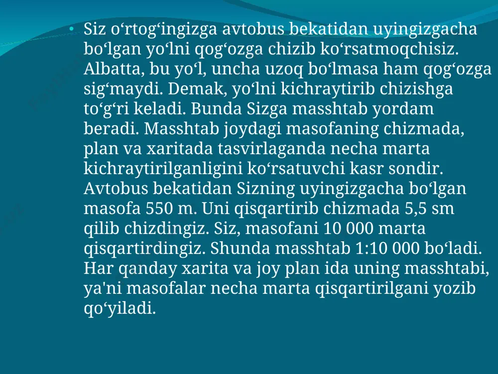 yo‘nalishi 40° li azimut yo‘nalishini ko‘rsatadi. sizning o‘rtacha qadamingiz yarim metr edi. endi, siz 200 m yurish uchun 400 qadam tashlaysiz. keyin, to‘xtab kompasni yana oriyentirlaysiz, ya'ni shimolni ko‘rsatuvchi strelkani 0° ga keltirasiz. so‘ng cho‘p bilan 180° belgini strelka markazi bilan tutashtirib, 180° li azimutni topasiz va kerakli masofani yurib o‘tasiz. keyingi azimut bo‘yicha yurish ham shu tartibda bajariladi. e’tiboringiz uchun raxmat ! tuzuvchi: amirov j fan o’qituvchisi; juraxujaev davronxo’ja