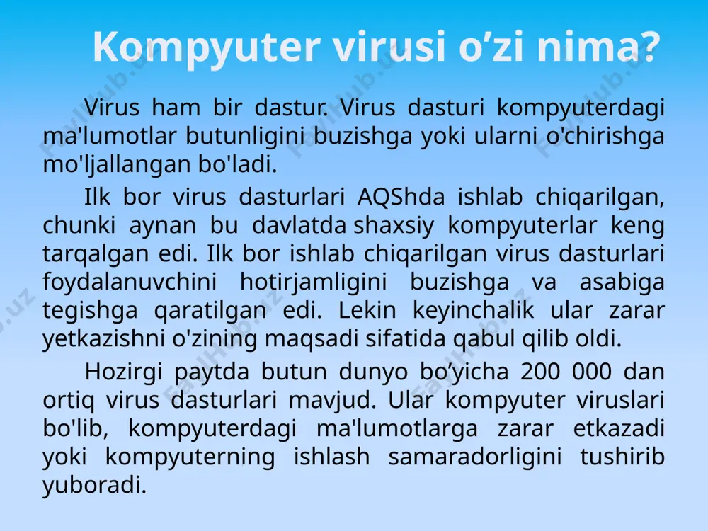 in kompyuteringiz xavfsizligini ishdan chiqaradi: troyanlar kerakli ma’lumotlaringizni o’chirib yuborishi, kompyuterdagi ma’lumotlarni kerakli manzilga jo’natishi, kompyuteringizga internetdan ruxsatsiz ulanishlarni amalga oshirishi mumkin. virus ning turlari chuvalchang viruslar (worms) chuvalchang (черв) viruslar o’z nomiga mos ravishda juda tez o’z-o’zidan ko’payadigan viruslardir. odatda bu viruslar internet yoki intranet tarmoqlari orasida tarqaladi. tarqalish usuli sifatida elektron xatlar yoki boshqa tez tarqaluvchi mexanizmlardan foydalanadi. ular haqiqatan ham kompyuteringizdagi ma’lumotlar va kompyuter xavfsizligiga katta ziyon yetkazadi. chuvalchang viruslar operatsion tizimning nozik joylaridan foydalanish yoki zararlangan elektron xatlarni ochish yo’li bilan kompyuteringizga o’rnashib olishi mumkin. virus ning turlari boot sektor viruslari (bootsector viruses) bu viruslar kompyuterning ishlay boshlashi (загрузка) uchun foydala-niladigan qattiq diskning maxsus qismini ishdan chiqaradi. bu virus kompyu-teringizni zararlaganidan keyin kompyuter ishlamay qolishi mumkin. odatda floppy disklar orqali tarqaladi. virus ning turlari makro viruslar (macro viruses) macro viruslar bu – o’zlarining tarqalishi uchun boshqa bir programmaning makro dasturlash tilidan foydalanadigan viruslardir. ular odatda microsoft …