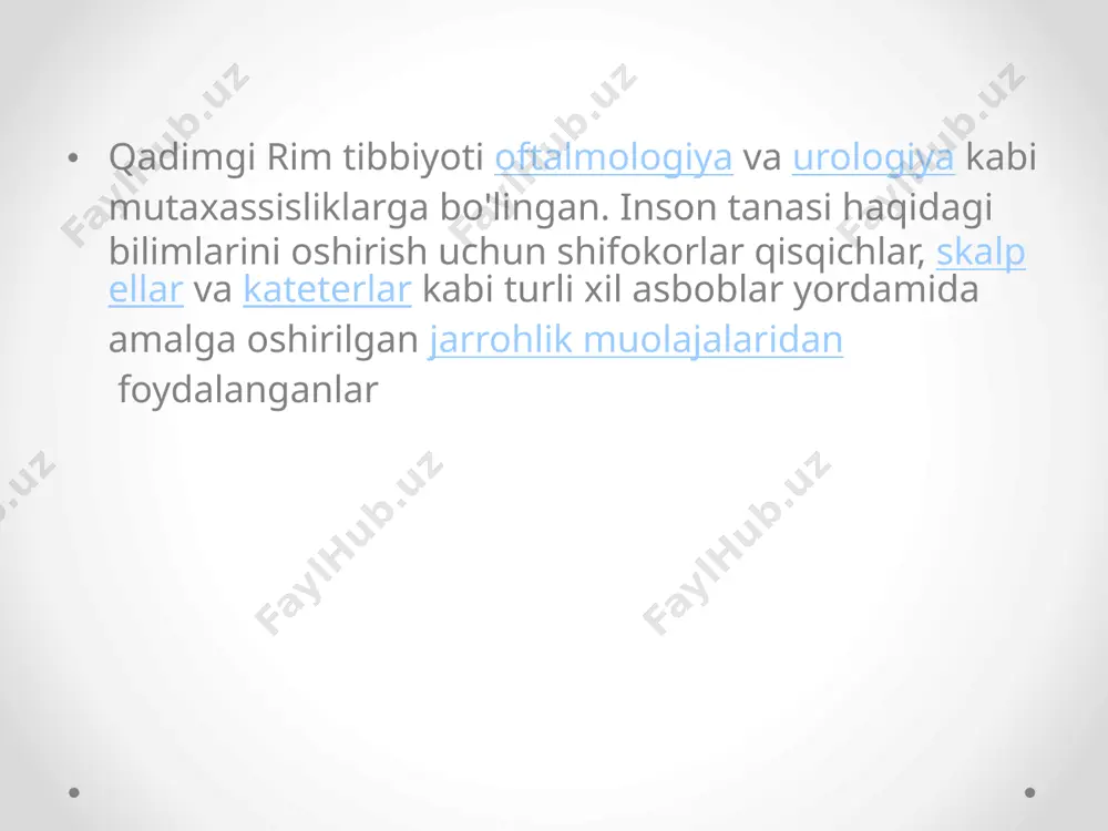 ali ibn sino (980—1037) "tib qonunlari" asarida xirurgik kasalliklarni davolashda qoʻllanilgan usullarni bayon etgan; u operatsiya vaqtida narkoz sifatida bemorga opiy, mandragor ishlatgan, shuningdek, buyrakdan tosh olish, oʻsmalarni aniqlash va oʻsmani sogʻlom toʻqimagacha olib tashlash va boshqa operatsiyalar texnikasini yaxshi bilgan. e’tiboringiz uchun katta raxmat. image2.png image3.png image4.png image5.png /docprops/thumbnail.jpeg