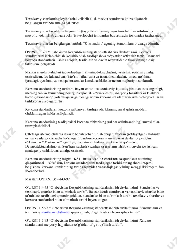 ‘rsatkichidan – o’z dst; ro‘yxatning tartib raqamidan va tasdiqlangan yilning oxirgi ikki sonidan iborat bo‘ladi. masalan, o‘zrst 5.96-93 “texnik chigit, texnik sharoit”, o’zdst 816:2001 “tozalangan paxta yog‘i” va h.k. ro‘yxatga oluvchi idora asl nusxa, ikkinchi nusxasi va ikkita ko‘chirmaning birinchi betiga o‘zining nomini ko‘rsatadigan to‘rtburchak muhrni bosadi, sana va davlat ro‘yxatining nomerini yozib qo‘yadi. ikkinchi nusxa “o‘zstandart” agentligida qoladi, asl nusxa va ko‘chirmaning ikkinchi nusxasi esa ishlab chiquvchiga qaytariladi. o‘zrst 1.2-92 “o‘zbekiston respublikasining standartlash-tirish davlat tizimi. texnikaviy shartlarni ishlab chiqish, kelishib olish, tasdiqlash va davlat ro‘yxatidan o‘tkazish tartibi” standartida muayyan mahsulotning (xizmatning) texnikaviy shartlarini, shuningdek ularga kiritiladigan o‘zgartishlarini ishlab chiqish, tasdiqlash va davlat ro‘yxatidan o‘tkazish tartibi haqida gap boradi. o‘zbekiston respublikasi texnikaviy shartlarining loyihalari va ularga kiritiladigan o‘zgartishlar standartlash-tirish texnika qo‘mitalari tomonidan ishlab chiqiladi. asoslangan hollarda texnikaviy shartlar loyihalarini vazirliklar, mahkamalar, uyushmalar, konsernlar yoki standartlashtirish bo‘yicha tayanch tashkilotlari, davlat, kooperativ, ijara, aksionerlik korxonalari, qo‘shma korxonalar, muassasalar va tashkilotlar, texnika qo‘mitalari …