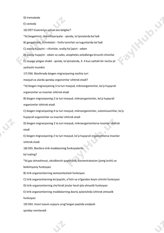 yrasining yonma-yon kelib birbiriga yopishgach ,ularning biridan ikkinchisiga irsiy omilning o’tishi nima deb nomlanadi a) transformatsiya b) transduksiya c) transkripsiya *d) konyugatsiya e) induksiya 23) 931. konkordantlik bu…… *a) bir xil kasallik ikkala egizakda ham uchrashi b) bir xil kasallik bitta egizakda uchrashi c) kasallik genotip hisobiga yuzaga chiqishi d) kasallikfenotip hisobiga yuzaga chiqishi e) barchasi to’g’ri 24) 930. dominant belgini toping a) ko’zning rangi ko’k b) semirishga moyillik yo’q c) irsiy karlik bor d) keng burun *e) terining rangi bug’doy rang 25) 929. inson tomonidan ma’lum maqsadni ko’zlab o’tkaziladigan mutatsiyalar bu……… a) spontan mutatsiyalar *b) indutsirlangan mutatsiyalar c) generativ mutatsiyalar d) somatik mutatsiya;lar e) barchasi 26) 928. patau kasalligiga xos bo’lmagan xususiyatni toping a) bolalarning bo’yi juda kichik b) bolalar vaqtidan oldin tug’iladi c) ko’z bo’lmasligi ham mumkin *d) ko’krak bezlari rivojlanmay, o’rniga yog’ qatlam vujudga keladi e) barmoqlar soni odatdagidan ko’p 27) 927. jinsiy xromasomalarga bog’liq bo’lgan kasallik …