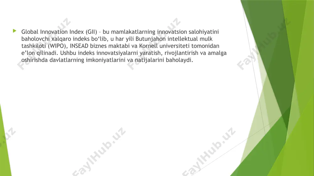 si- innovatsiyalarni ishlab chiqarish va yetkazib berish tizimi. bozor muhiti moliya bozori rivojlanishi-venchur kapital mavjudligi va innovatsion startaplarni moliyalashtirish imkoniyatlari. kredit olish imkoniyati- startap va texnologik kompaniyalar uchun moliyaviy qo’llab-quvvatlash tizimi. investitsiyalar –tadbirkorlik va texnologik loyihalar uchun xususiy va davlat investitsiyalari. biznes muhiti tadbirkorlik madaniyati- innovatsiyalarni qabul qilish va rivojlanish darajasi. korporativ innovatsiyalar – yirik kompaniyalarning innovatsiyalar yaratishdagi faol ishtiroki . ishlab chiqarishning murakkabligi- sanoat va ishlab chiqarish texnologiyalarining rivojlanganlik darajasi. 2.innovatsion natijalar (output sub-index) bu guruh mamlakat innovatsion salohiyatining real natijalarini baholaydi va 2 asosiy yo’nalishga bo’linadi : bilim va texnologik natijalar intellektual mulk huquqlari va patentlar- mamlakatda yaratilgan yangi texnologiyalar va patentlar soni. ilmiy maqolalar va kashfiyotlar –fan va texnologiya bo’yicha chop etilgan maqolalar va ilmiy izlanishlar darajasi. texnologik mahsulotlar eksporti- mamlakatning ilg’or texnologiyalar bo’yicha eksport hajmi. ijodiy natijalar madaniy va kreativ industriyalar rivoji media ,dizayn, san’at va kreativ sohalarning iqtisodiyotdagi hissasi. raqamli content va dasturiy ta’minot eksporti …