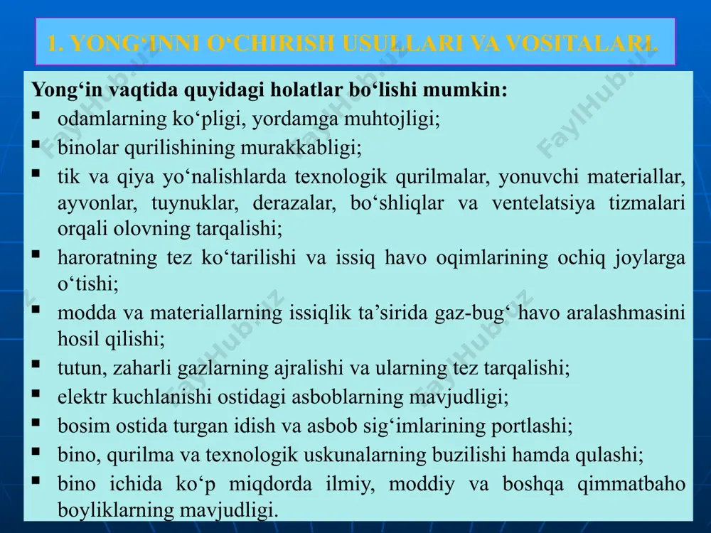 i, quruq qum ham yonayotgan metall ta’siriga tushib qolishi va qumning parchalanishi kuzatiladi. bunda sof kremniy birikmalari hosil bo‘ladi. kremniy namlikni o‘ziga tortib, reaksiyaga kirishadi, natijada yonuvchi va zaharli kremniy oksidi hosil bo‘ladi. shuning uchun bunday metallarni o‘chirishda maxsus kimyoviy kukunlardan foydalaniladi. asosan kukunsimon grafit, natriy karbonat na2co3, magniy karbonat mgco3, magniy peroksidi mgo2 va ularning aralashmalari, shuningdek, suyultirilgan inert gazlardan foydalanish mumkin. 1. yong‘inni o‘chirish usullari va vositalari. yong’inni o’chirish uslublari va o’t o’chirgich moddalarning xususiyatlariga mos ravishda yong’inni o’chirish vositalari tanlab olinadi. ular asosiy, maxsus va yordamchi vositalarga bo’linadi. asosiy vositalar – yong’inga o’t o’chirgich moddalarni (suv, ko’pik, kukun, karbonat angidrid gazi va boshqalar) sepish uchun belgilangan. bularga avtomobil, avtosisterna, motopompa, o’t o’chirgichlar va boshqalar kiradi. maxsus vositalar - yong’inni o’chirishda maxsus ishlarni bajarish uchun ishlatiladi. ularga avtonarvonlar va tirsakli ko’targichlar, yoritish va aloqa avtomobillari, shuningdek operativ avtomobillar kiradi. yordamchi vositalar - yong’inni o’chirishdagi ishlarni bajarish uchun yetarli …