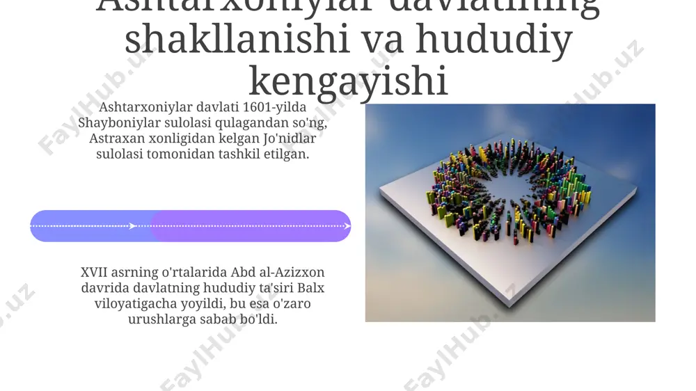 yi buxoro" asari yaratilib, madaniy hayotni aks ettirgan. madaniy hayotning yuksalishi 17-asrda abulg'oziy bahodirxonning «shajarai turk» asari turkiy xalqlar tarixi, urf-odatlari va madaniyatini aks ettirib, madaniy merosni saqlashda muhim ahamiyat kasb etdi. madrasalarda matematika, astronomiya, tibbiyot kabi dunyoviy fanlar o'qitilishi, shuningdek, mirzo ulug'bekning astronomik maktabi tajribasi asosida yangi tadqiqotlar olib borilishi ilm-fanning yuksalishiga turtki bo'ldi. markaziy va mahalliy boshqaruv organlari ashtarxoniylar davlatida markaziy boshqaruv hokimiyatning uchta asosiy tarmog'i – xon, devon va qo'shin orqali amalga oshirilgan, ularning har biri o'z funksiyalariga ega edi. markaziy hokimiyat bekliklar ustidan nazoratni ushlab turish uchun maxsus amaldorlar – dodhohlarni tayinlagan, ularning vazifasi mahalliy boshqaruv faoliyatini tekshirishdan iborat edi 17-asrda. e'tiboringiz uchun rahmat @taqdimot_robot image5.jpg image6.jpg image7.jpg image8.jpg image9.jpg image10.jpg image11.jpg image12.jpg image13.jpg image14.jpg image15.jpg image16.jpg image17.jpg image18.jpg image19.jpg image20.jpg image21.jpg image1.jpeg image2.jpeg image3.jpeg