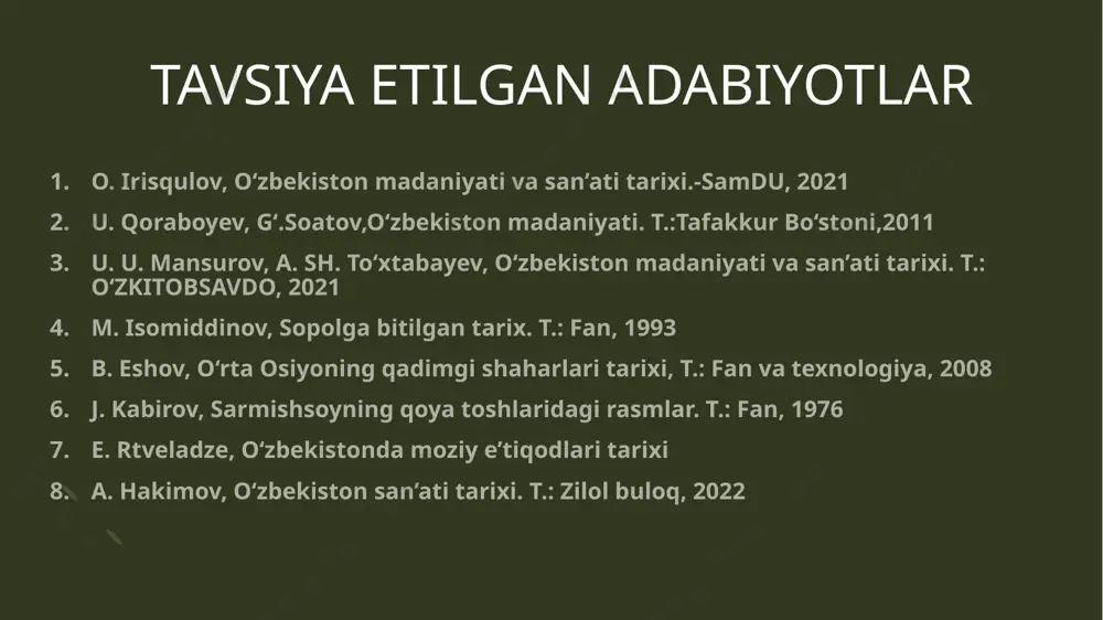 ikkala davr ham keyingi asrlardagi sivilizatsiyalarning shakllanishida muhim rol o‘ynagan 1.temirning tarqalishi: -temir bronzadan ancha keng tarqalgan va arzon bo‘lgan, texnika inqilobiga olib kelgan. -temir qurollari bronzaga qara ganda mustahkamroq va ko‘p-roq foydalanishga chidamli bo‘lgan, bu esa harbiy sohada ustunlikni ta’minlagan. 2.dehqonchilik va hunarmandchilik: -temirdan yasalgan asboblar dehqonchilikni osonlashtirgan va unumdorligini oshirgan. -temir metallurgiyasi rivojlani-shi natijasida hunarmandchilik turlari, xususan, temir asbob-lar va qurollar ishlab chiqarish kuchaygan. 3.madaniyat va diniy o‘zgarishlar: -temir davri odamlari ko‘pin-cha bronza davri madaniyat-lari asosida yangi urf-odatlar va diniy e’tiqodlarni shakllantirgan. -temir davrida yangi diniy ma-rosimlar va e’tiqodlar tarqal-gan va bu ijtimoiy tuzilmalar-ga ta’sir ko‘rsatgan bronza davrida cho‘l va adirlar da chorvachilik madaniyati ri-vojlangan bo‘lsa, janubiy hu-dudlarda hunarmandchilik ravnaq topgan bronza davrida yurtimizning janubiy hududlarida dehqon-chilikning rivojlanishi bilan birga ibtidoiy shahar madaniyati ham rivojlangan bu davr madaniyat qay daraja-da rivoj topganini farg‘ona, chust, chirchiq bo‘yidan topilgan buyumlar ham tasdiqlaydi sopollitepa va jarqo‘ton dehqonchilik madaniyati markazidir bronza davri …
