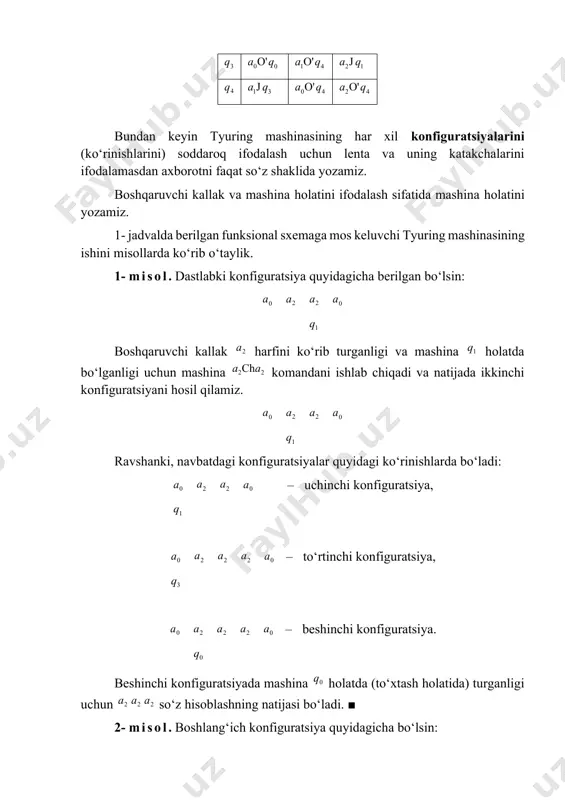 nchi konfiguratsiya, – uchinchi konfiguratsiya, – to‘rtinchi konfiguratsiya, ikkinchi va oltinchi konfiguratsiyalardan ko‘rinib turibdiki, mashinaning ish jarayoni takrorlandi va, demak, natija bo‘lmaydi. ■ – beshinchi konfiguratsiya, – oltinchi konfiguratsiya. tyuring mashinasida algoritmni realizasiya qilish. ayrim oddiy arifmetik algoritmlarni realizasiya qiladigan (amalga oshiradigan) tyuring mashinasini yasashni misollarda o‘rganamiz. tyuring mashinasida o‘nlik sistemada dan ga o‘tish algoritmini realizasiya qilish. o‘nlik sanoq sistemasida sonning yozuvi berilgan bo‘lsin va sonning o‘nlik sistemasidagi yozuvini ko‘rsatish, ya’ni funksiyani hisoblash talab etilsin. ravshanki, mashinaning tashqi alfaviti 0,1,2,3,4,5,6,7,8,9 raqamlardan va bo‘sh katakcha dan iborat bo‘lishi kerak. lentaga o‘nlik sistemada sonni yozamiz. bu yerda qatorasiga bo‘sh joysiz har bir katakchaga bitta raqam yoziladi. qo‘yilgan masalani yechish uchun ishning birinchi taktida mashina sonning oxirgi raqamini o‘chirib, uni bir birlik katta songa almashtirib va agar oxirgi raqam 9 sonidan kichik bo‘lsa, u holda to‘xtash holatiga o‘tishi kerak. agar sonning oxirgi raqami 9 bo‘lsa, u holda mashina 9 raqamni o‘chirib, bo‘sh qolgan …