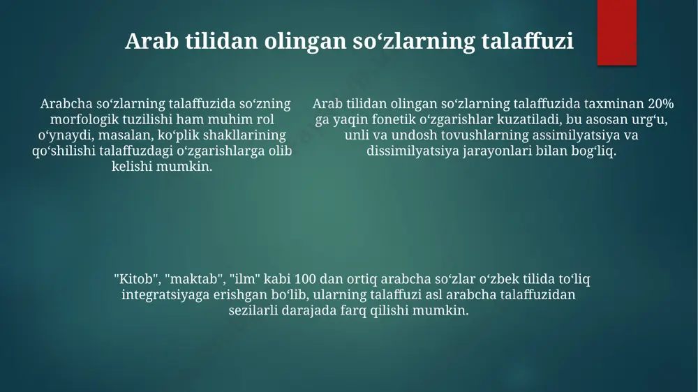 elefon", "kompyuter") oʻzbek tilida transkripsiya orqali oʻzlashtirilib, talaffuzi koʻproq yozuviga mos keladi, lekin baʼzi fonetik integratsiya jarayonlari ham bor. oʻzbek tiliga arab tilidan oʻtgan soʻzlarning talaffuzi xv-xvi asrlarda fonetik oʻzgarishlarga uchrab, ularning asl arabcha talaffuzidan sezilarli darajada farq qilgan. masalan, "kitob" soʻzi asl talaffuzidan ancha oʻzgargan. e'tiboringiz uchun rahmat @taqdimot_robot image1.png image2.png image3.png image4.png image5.png image6.png image7.png image8.png image9.png image10.png