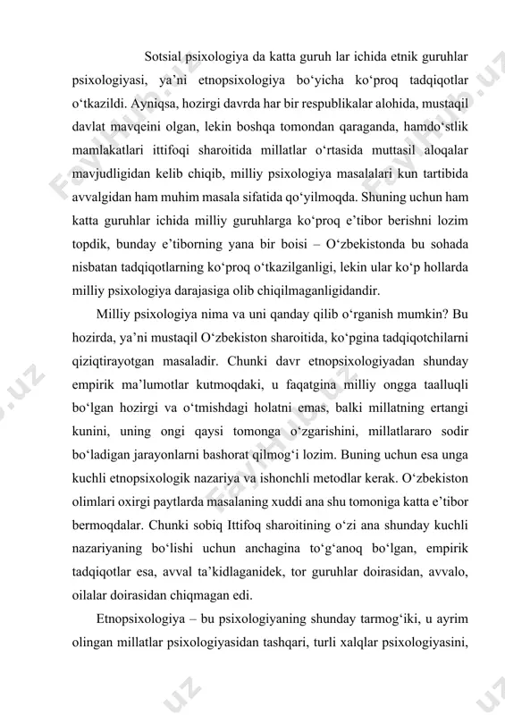 rniga bog‘liq bo‘lib chiqdi. uyda o‘tirgan ayollar ko‘p hollarda qo‘yilgan savolni ham anglamasliklari ma’lum bo‘ldi. luriya shu narsaga iqror bo‘ldiki, o‘zbeklardagi ong, asosan, boshqa odamlar fikriga bog‘liq ekanligi, tobelik psixologiyasi kuchliligini aniqladi. masalan, ayollarga o‘zidagi yomon sifatlarni aytish topshirig‘i berilganda, ular yomon qo‘shnilarni ko‘rsatishar va umuman o‘z-o‘zini baholashdan ko‘ra boshqalarni baholash, ularga sifat xarakteristikalari berish ancha yengil tuyulardi. yuqorida ta’kidlaganimizdek, a.r.luriyaning asosiy maqsadi milliy psixologik xususiyatlarni o‘rganishda tarixiy tamoyiliga tayanish lozimligini isbotlash hamda milliy psixologiyaning hayot tarziga, shaxsning jamiyatda kishilar munosabatlari tizimida tutgan o‘rniga bevosita bog‘liqligini isbot qilish edi. lekin tadqiqotning ahamiyati shunda ediki, unda birinchi marta milliy psixologiyani o‘rganishga yordam beruvchi metodlar va metodologik tamoyillar sinab ko‘rildi. to‘g‘ri, bu tadqiqotda to‘plangan ma’lumotlar va ilmiy xulosalar bilan bugungi kunda kelishib bo‘lmaydi, qolaversa, bu konsepsiyaning o‘zi necha bor qayta ishlovni talab qildi, lekin milliy psixologiya bo‘yicha o‘tkazilgan kross-tadqiqot sifatida uning ahamiyati kattadir. qo‘llangan piktogramma – “so‘z portretlari”ni, o‘z-o‘zini analiz qilish metodlarini …
