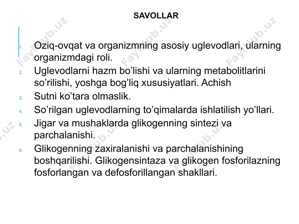, qon, buyrak, buyrak usti bezlari uglevod hisobiga yashaydi. uglevodlar oksidlanganda ya’ni yonganda 4,1 kkal energiya ajraladi. energiya zaxirasi – jigar va muskul glikogeni. qurulish vazifasi. uglevodlar barcha plazmatik membranalar, paylar tarkibiga kiradi. glikozaminoglikanlar hujayradan tashqari matriksda joylashgan himoya vazifasi. antitela va shilliq(shilliq qavatlar) uglevod saqlaydi. uglevodlar biologic faol moddalar tarkibiga kiradi: nuklein kislota, kofermentв, garmonlar, glikolipid, glikoproteid. glukuronidlar detoksikatsiyada qatnashadi. uglevodlarning spetsifik vazifalari. qon guruh omillari tarkibiga kiradi, geparin, hujayraviy immunitetni rivojlanishida membrane antigeni. uglevodlar quyosh, o'simliklar, hayvonlar va odamlar o'rtasidagi aloqadir. o'simliklardagi mavjud glyukoza organizmdagi parchalanish vaqtida energiya chiqaradi. uglevodlarning biologik vazifalari uglevodlar inson tanasiga non, o'simlik mahsulotlari bilan kiradi. ovqatning asosiy uglevodlari: glukoza, laktoza, saxaroza, kraxmal, glikogen, kletchatka. uglevodlarning hazmlanishi uglevodlarni parchalaydigan fermentlar gidrolazalarga kiradi, chunki ular glikozid bog’larni gidrolizlaydi. uglevodlarning hazmlanishi og'iz bo’shlig’ida boshlanadi. so’lakning α -amilazasi α -1,4-glikozid bog‘larni uzadi, disaxaridlardagi bog‘larni gidrolizlamaydi. optimum ph – 6,8 ga teng kraxmal dekstrinlarga va oz miqdorda maltozaga …