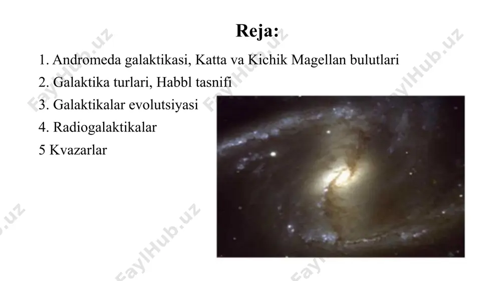 l gigantlar va b.) ob’ektlardan iborat bo’lgani sababli irii sinfiga kiradi. kichik mbning massasi bizning galaktikamiz massasidan 80 marotaba kichik. kichik mb da taxminan 2000 ga yaqin yulduz to‘dasi mavjud. galaktika turlari tashqi galaktikalar o‘z o’lchamlariga ko‘ra, turlicha kattaliklarda uchrab, eng yiriklari milliardlab, mittilari esa bir nccha millionlab yulduzni o‘z ichiga oladi. gigant galaktikalaming o’lchamlari 50 ming parsekgacha (ya'ni diametri 150 ming yorug’lik yiligacha) borgani holda, eng kichiklari bir necha 100 parsekdan ortmaydi. birinchi bo’lib 1925-yilda astronom e. habbl galaktikalarning tashqi ko‘rinishlariga ko‘ra, quyidagi uchta sinfga bo’lishni taklif etdi: elliptik galaktikalar elliptik galaktikalar, tashqi ko‘rinishi ellips yoxud doira ko‘rinishga ega bo‘lgan galaktikalardir. mazkur hajm yulduzlarga to'lgan bo'lib. yulduzlar zichligi markazga qarab ortadi. bunday galaktikalar uchun xarakterli xususiyatlardan biri ulaming ravshanligi markazidan chetga tomon bir tekis pasayib borishidir. ularning ichida ajralgan holda biror-bir struktura elementi kuzatilmaydi. ular e0 dan to e7 gacha bo‘lgan kichik sinfchalarga bo‘linadi. spiral galaktikalar spiral galaktikalar juda …