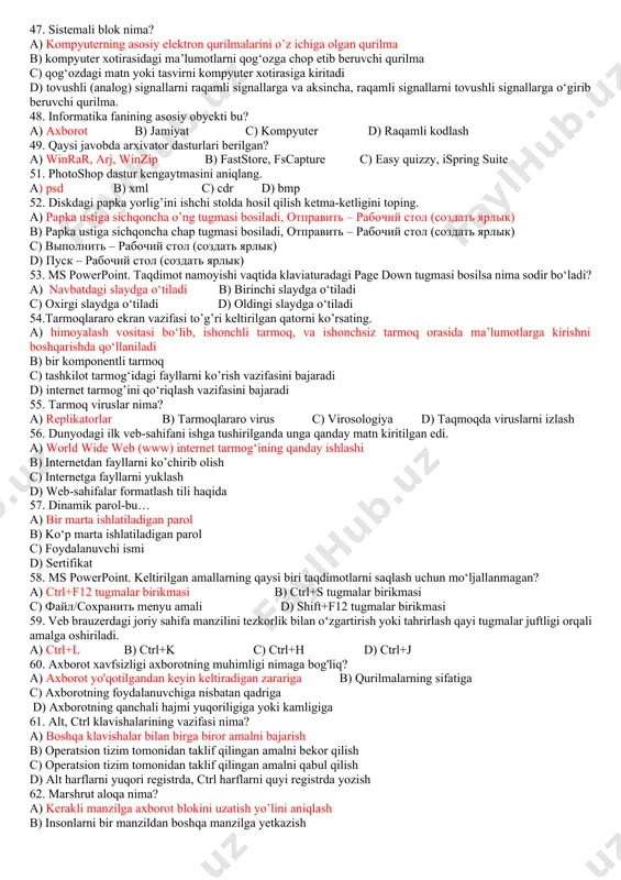 emasligi. d) foydalanish huquqini boshqarish hamda sayt bilan ishlash jarayonining soddalik va qulaylik imkoniyati mavjud emasligi. 35. elektron raqamli imzoni shaklantirish va tekshirishda assimmetrik shifrlashning qaysi algoritmlari ishlatiladi? a) rsa va el-gamal algoritmlari c) rc4 va des algoritmlari b) rc2 va md5 algoritmlari d) rc6 va dmd algoritmlari 36. … loyiha mavzusiga mos maqsadni ifodalovchi tasvir. a) logotip b) ikonka c) yorliq d) papka nomi 37. quyidagi brend nomlari to’g’ri keltirilgan qatorni ko’rsating. a)* linked in, pinterest, youtube, motorola, twitter b) instagram, pinterest, youtube, motorola, twitter c) google+, internet explorer, life’s good, instagram d) linked in, power, youtube, motorola, twitter 38. axborotni shifrlash deganda qanday jarayon tushuniladi? a) ochiq axborotni kalit yordamida yopiq axborotga o‘zgartirish b) kodlangan malumotlarni yig’ish c) jarayonlar ketma-ketligi d) axborotlar o‘zgartirish jarayoni 39. kompyuter taʼminoti necha turga boʻlinadi? a) texnik va dasturiy taʼminot b) tizimli, dasturiy, uskunaviy, amaliy, tizimli, texnik taʼminot c) texnik, uskunaviy va dasturiy …