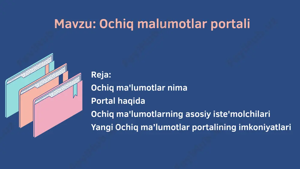 davlat faoliyatini nazorat qilish imkonini beradi. masalan, “ochiq ma’lumotlar” yordamida yevropaning atrof-muhit xaritasi yaratilgan. oav bu ma’lumotlarni tuzish va tahlil qilish vositalariga ega bo‘lgan jurnalistlardir. to‘g‘ri tuzilgan grafik yoki diagramma bir necha sahifali matnli ma’lumotlardan ko‘ra tushunarli bo‘ladi. davlat organlari ochiq ma’lumotlar fuqarolar va tadbirkorlik sub’ektlarini davlat mablag‘larini tejash imkonini beruvchi yangi mahsulotlarni yaratishga jalb qilish imkonini beradi. fuqarolar fuqarolar shaxsiy qulaylikni yaxshilash uchun yaratilgan ochiq ma’lumotlar dasturlaridan foydalanishlari mumkin, masalan, london aholisi kabi. bosh sahifa dizayni ma’lumotlarni standartlashtirilgan shaklda yuritish, interaktiv xaritaga ob’ektning geografik joylashuv ma’lumotlarini kiritish ochiq ma’lumotlar to‘plamlarida aholi va tadbirkorlik sub’ektlarining ehtiyojlarini hisobga olish mexanizmi ochiq ma’lumotlar to‘plamlarini o‘z vaqtida joylashtirish va ularni yangilash ustidan avtomatik ravishda nazorat qilish ma’lumotlar bilan ishlashda foydalanuvchilarga, jumladan, ko‘rish imkoniyati cheklangan shaxslar uchun qulayliklar har bir ma’lumotga alohida takrorlanmas id biriktirish hamda tegishli ma’lumotlarni joylashtirish, qayta ishlash, saqlash va izlashni uning yordamida amalga oshirish imkoniyati ma’lumotlarni o‘z vaqtida yangilab borishning …