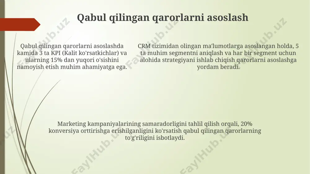 kichlariga erishganligi kuzatildi, bu esa savdo hajmining 20% ga o'sishini ta'minladi. crm tizimi orqali xodimlar o'rtacha 15% ga yuqori samaradorlik ko'rsatkichlariga erishganligi kuzatildi, bu esa savdo hajmining 20% ga o'sishini ta'minladi. prognozlash va bashorat qilish bi tizimlari crm ma'lumotlarini tahlil qilib, mijozlarning 20% ga yaqinini tashkil etadigan yuqori qiymatli segmentlarni aniqlash va kelajakdagi xaridlarini 15% gacha aniq bashorat qilish imkonini beradi. bi vositalari, crmdagi mijozlarning harakatlarini tahlil qilib, masalan, 3 oy ichida kompaniyani tark etish ehtimolligi yuqori bo'lgan 500 ga yaqin mijozni aniqlash va saqlab qolish strategiyasini ishlab chiqishga yordam beradi. crm platformasidan olingan tarixiy ma'lumotlar va bi vositalarining prognozlash algoritmlari yordamida 10 mingtadan ortiq mijoz haqidagi ma'lumotlarni tahlil qilib, sotish hajmining o'sishini 5% ga oshirish mumkin. bi va crm o'rtasidagi bog'liqlik bi tizimi crm ma'lumotlar bazasidan 30% gacha real vaqt rejimida ma'lumot olib, mijozlarning xatti-harakatlarini tahlil qilib, marketing kampaniyalarining samaradorligini 15% ga oshirishga yordam beradi. crm tizimiga kiritilgan 5000 …