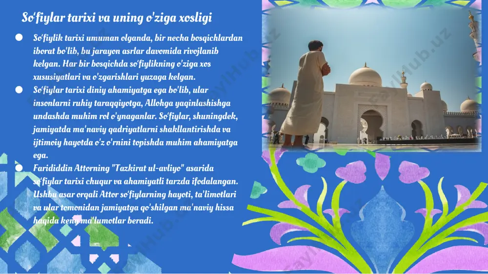 g ruhiy taraqqiyotida muhim rol o'ynagan. bu shaxslarning ta'limotlari va amallari zamonaviy fan va madaniyatga ham ta'sir ko'rsatmoqda; ularning falsafiy va ma'naviy qarashlari, bugungi kunda ilm-fan va ijtimoiy hayotda davom etmoqda. asarning diniy ahamiyati tazkirat ul-avliyo asari diniy ahamiyati jihatidan soʻfiylar hayoti va ularning ta'limotlarini o'rganishda muhim manba hisoblanadi. ushbu asar soʻfiylik falsafasini va islomiy qadriyatlarni yoritadi, bu esa uning diniy ahamiyatini oshiradi. - tasavvufiy yo'l va uning ahamiyati - iymon va e'tiqod tushunchalari - ilm va ma'rifatning roli - xudoga yaqinlik va u bilan aloqalar - ruhiy tarbiya va uning ahamiyati - ijtimoiy adolat va insonparvarlik g'oyalari tazkirat ul-avliyo islomiy qadriyatlar bilan chuqur aloqaga ega bo'lib, u soʻfiylarning ruhiy va ma'naviy o'sishiga ta'sir ko'rsatadi. asar islom dinining asosiy tamoyillarini yoritib, jamiyatda axloqiy qadriyatlarni mustahkamlashga xizmat qiladi. asarning madaniy ahamiyati madaniy ahamiyatining ta'rifi tazkirat ul-avliyo asari o'zbek madaniyatining rivojlanishida muhim rol o'ynagan. bu asar orqali tarqatilgan g'oyalar xalqimizning ma'naviy qadriyatlarini …